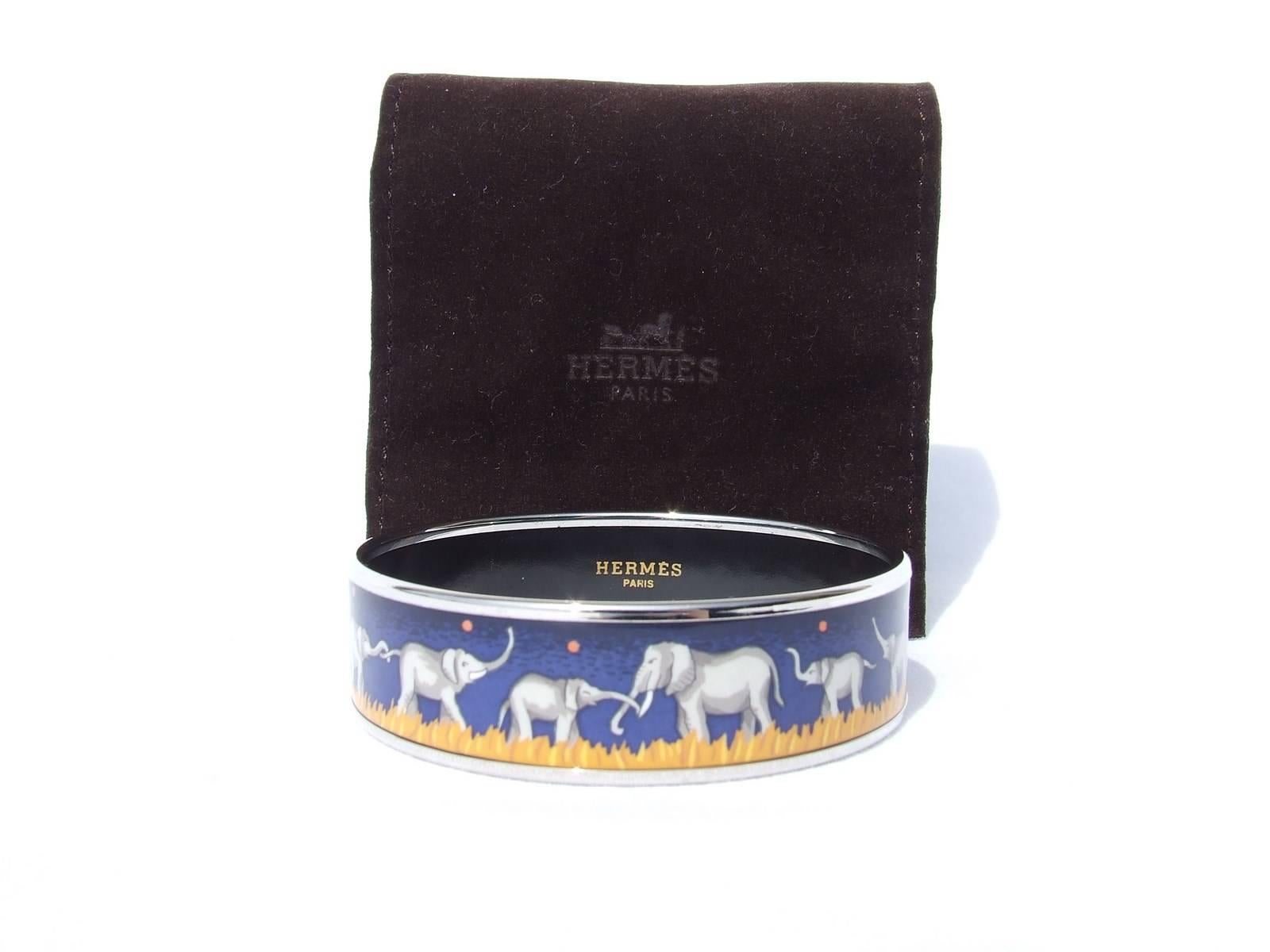 Rare Gorgeous Hermes Enamel Printed Bracelet Elephants Grazing Blue PHW S. 65 1
