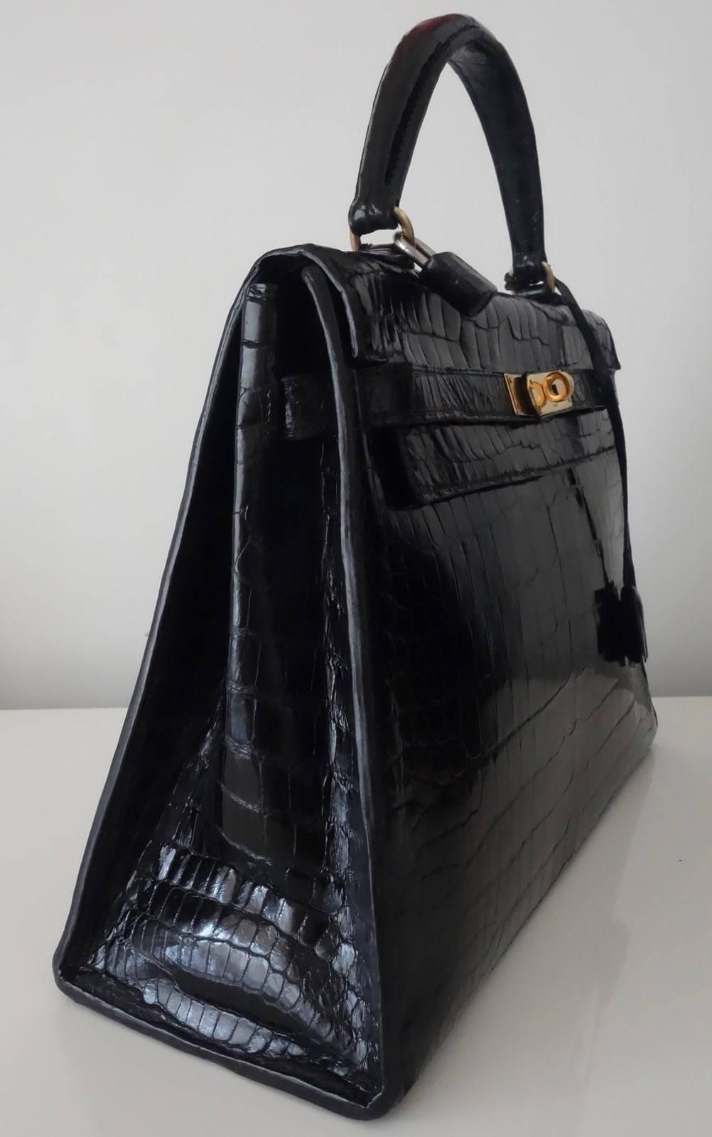 Hermes Vintage Kelly Bag Shiny Black Alligator Crocodile GHW 32 cm 1