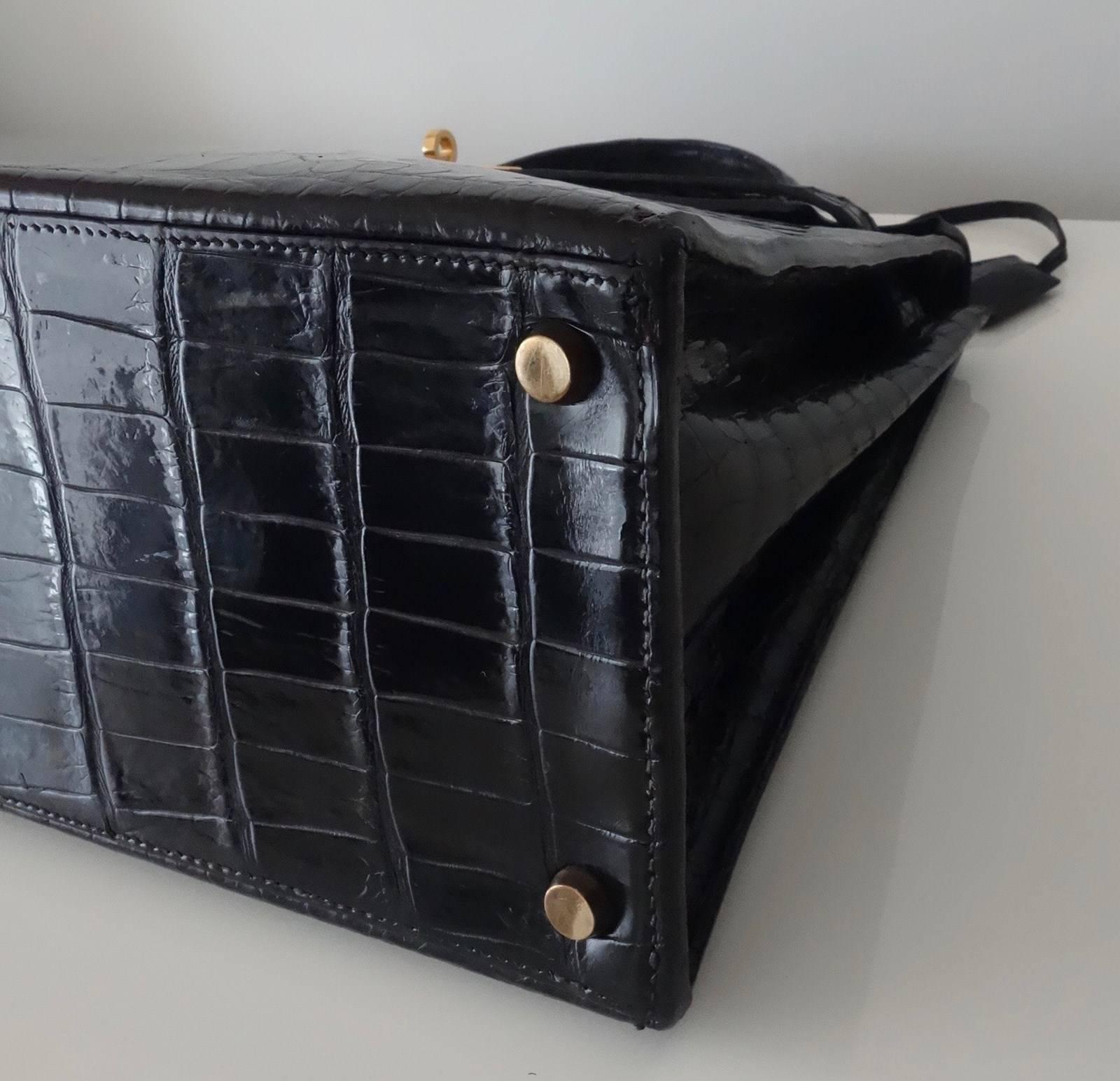Hermes Vintage Kelly Bag Shiny Black Alligator Crocodile GHW 32 cm 3