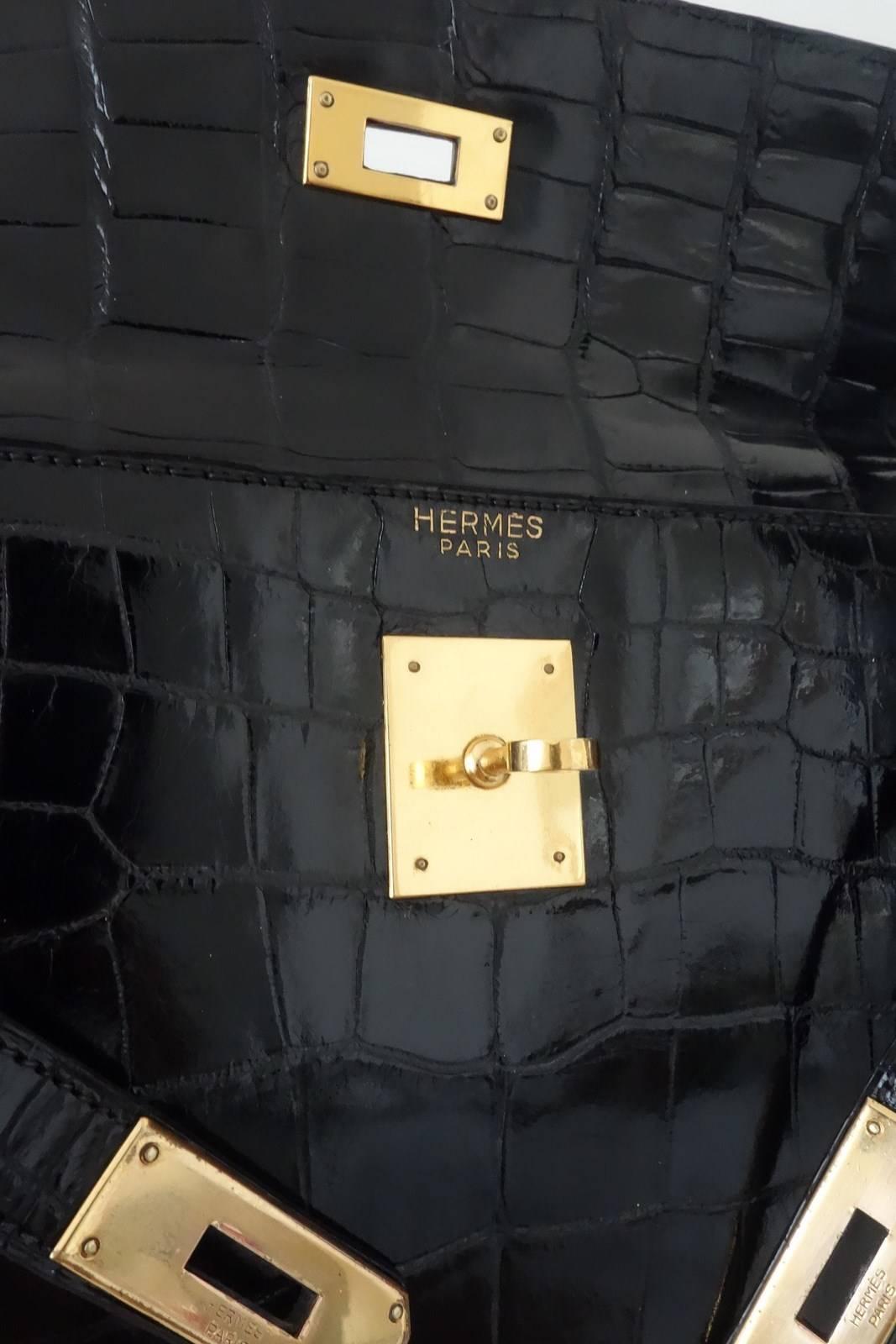 Hermes Vintage Kelly Bag Shiny Black Alligator Crocodile GHW 32 cm 4