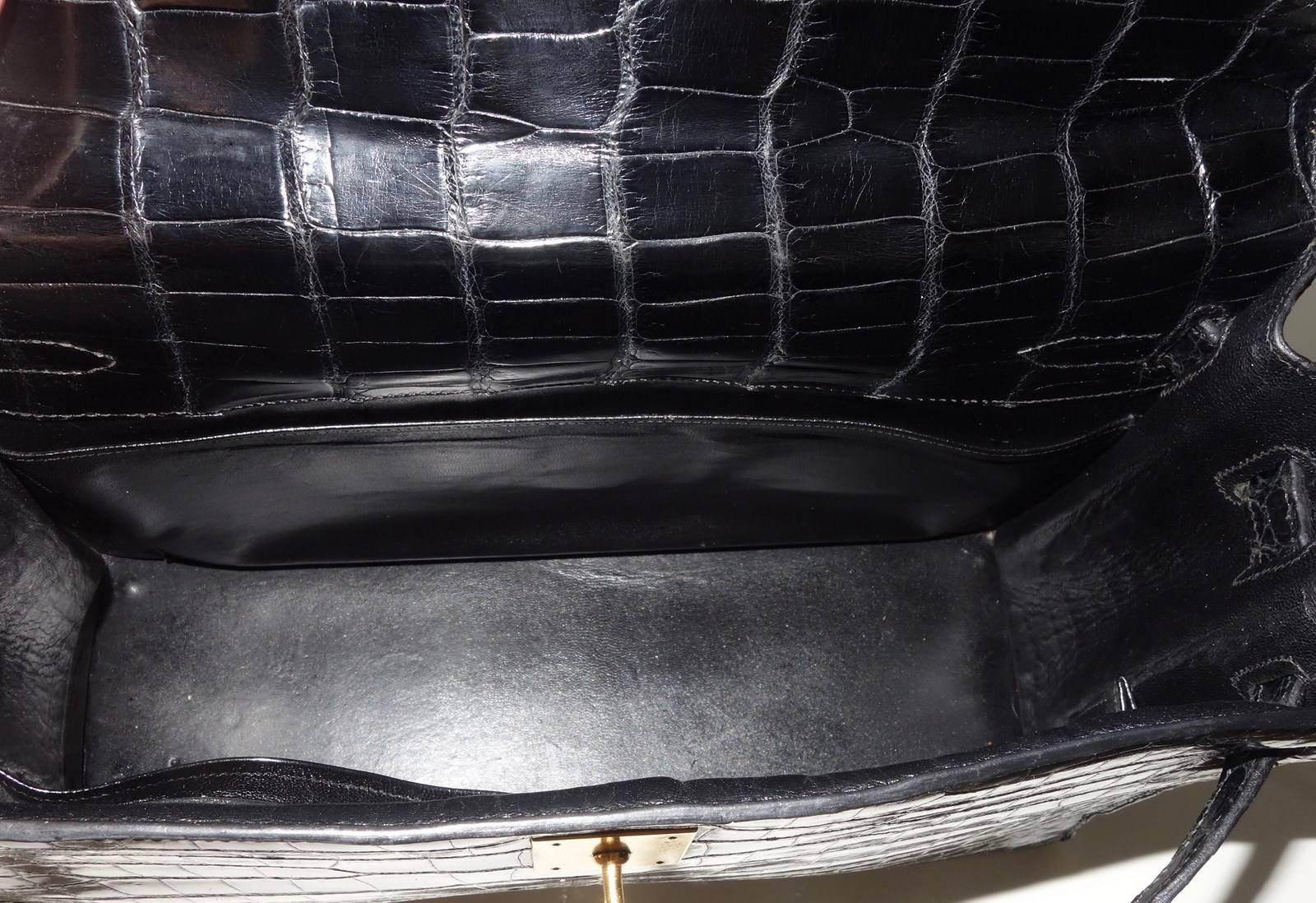 Hermes Vintage Kelly Bag Shiny Black Alligator Crocodile GHW 32 cm 5
