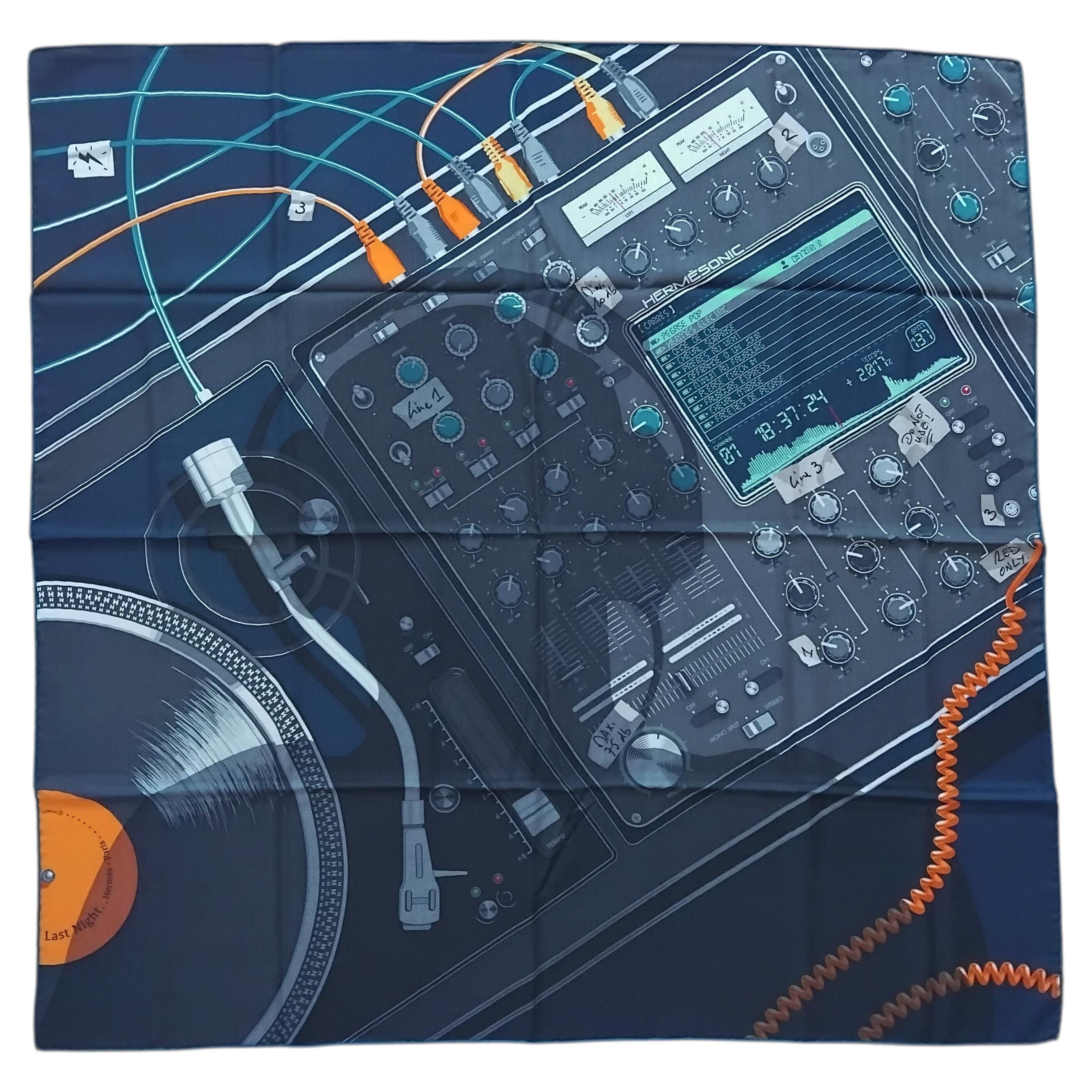 Hermès Last Night Cashmere Silk Shawl Scarf D. Rybaltchenko Navy Grey 2018 For Sale