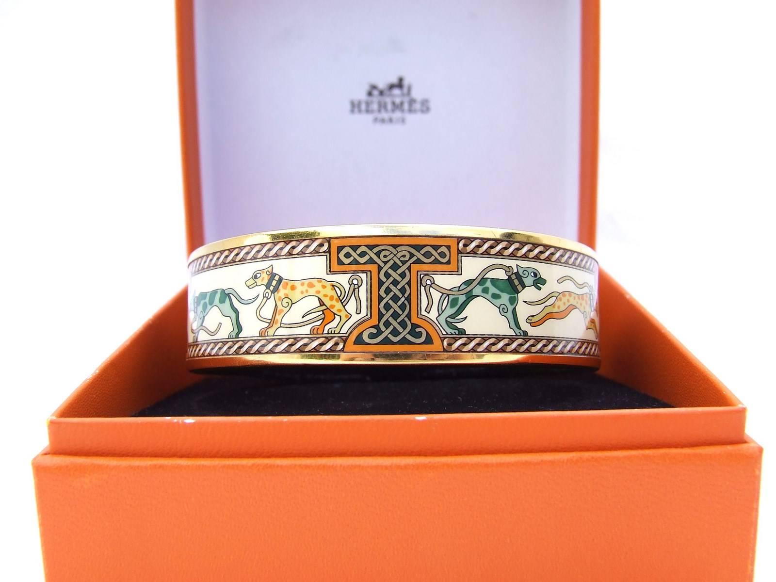 Hermes Printed Enamel Bracelet Greyhound Dogs Levriers GHW Size 70 3