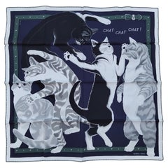 Hermès CHAT CHAT CHAT Silk Scarf Navy Black Grey Dancing Cats SOLD OUT