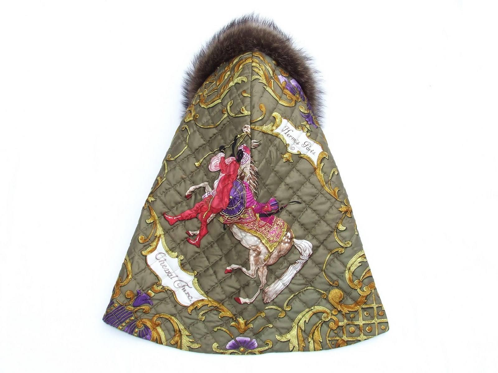 Gray Hermes Cheval Turc Set Quilted Silk Hood Hat and matching scarf Vauzelles
