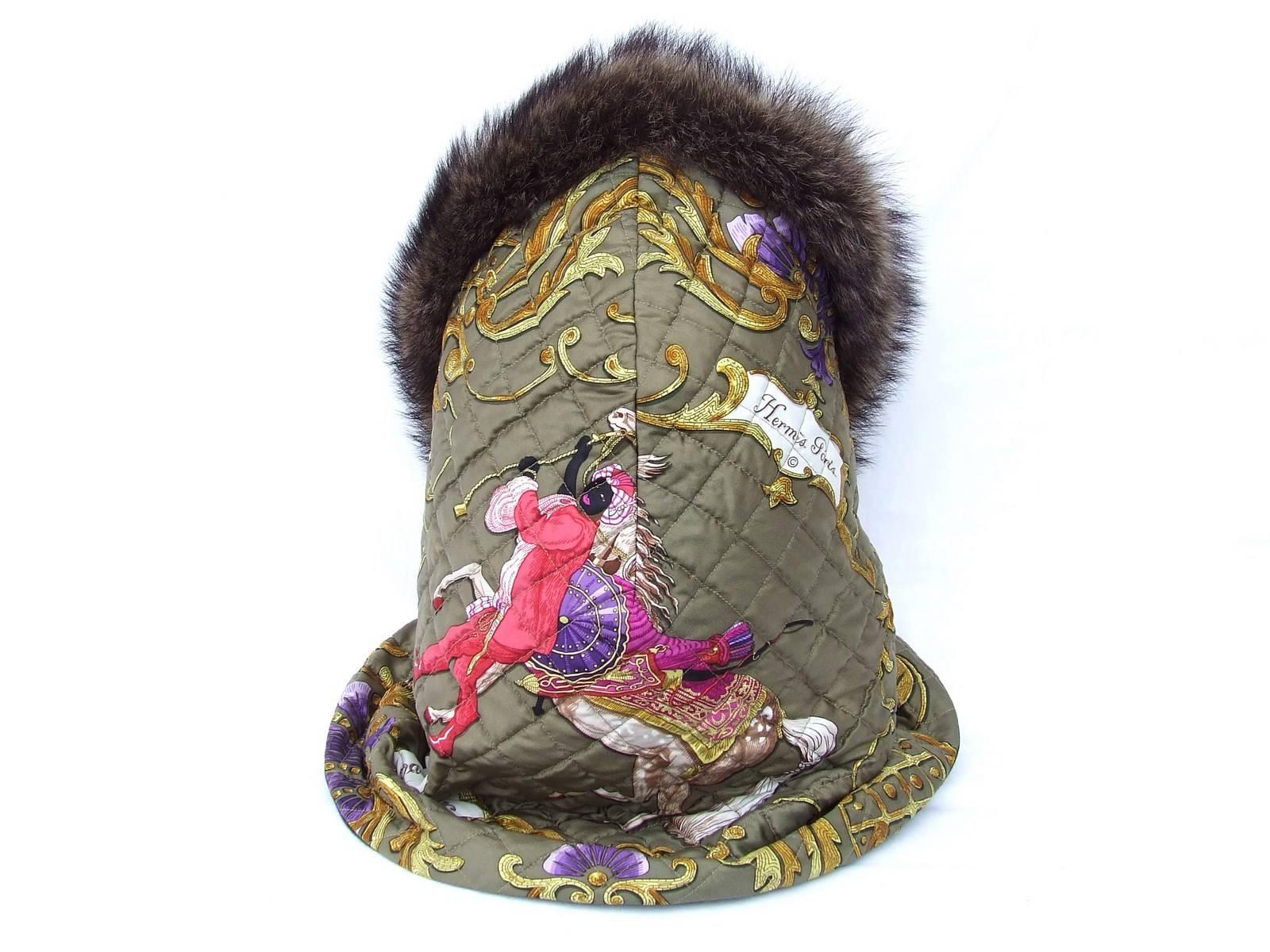 Hermes Cheval Turc Set Quilted Silk Hood Hat and matching scarf Vauzelles 1