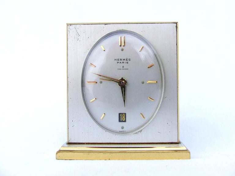 Hermes Vintage Small Travel Clock With Alarm in its Original Case Swiss