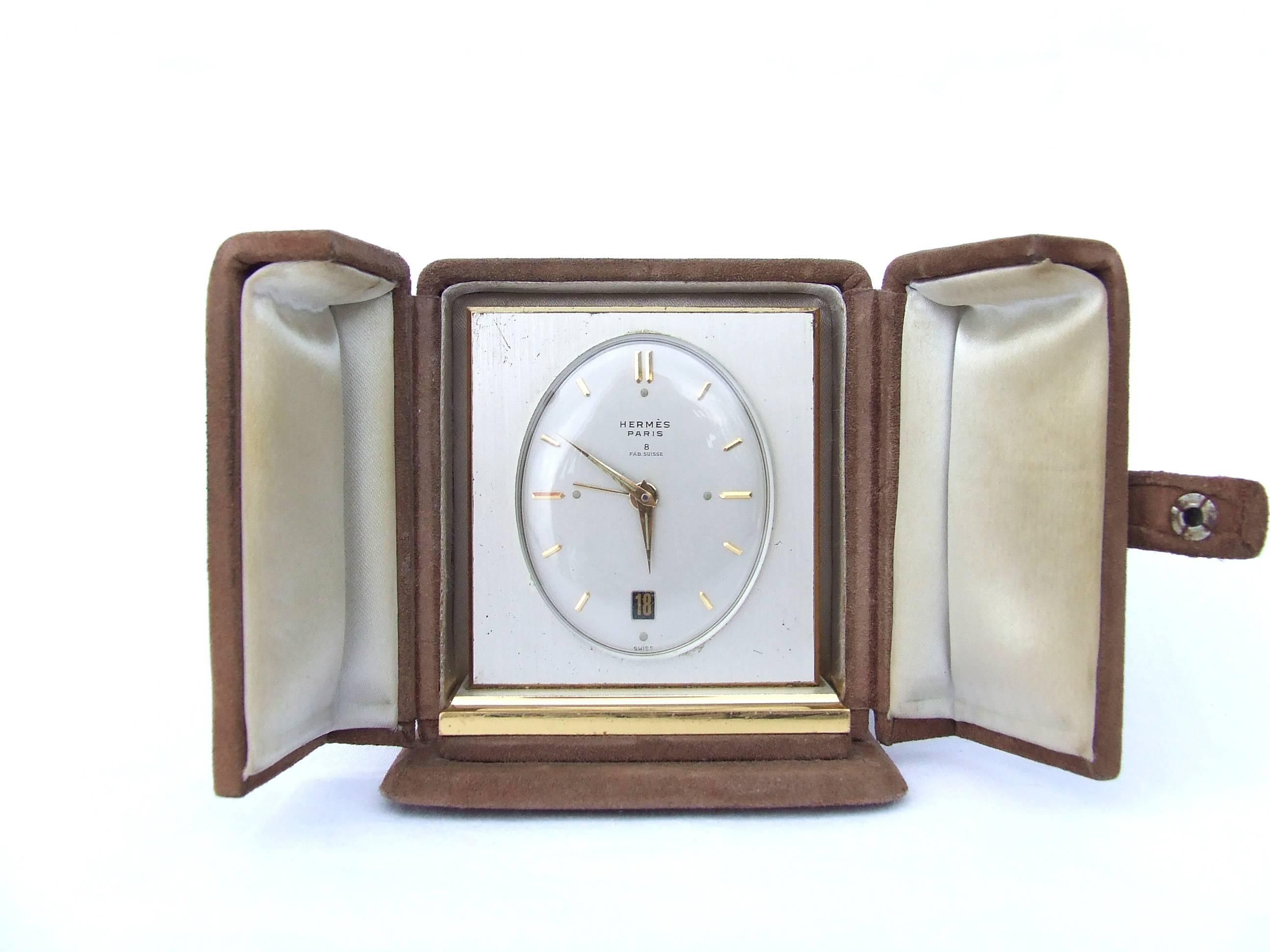 Hermes Vintage Small Travel Clock With Alarm in its Original Case Swiss Made 2