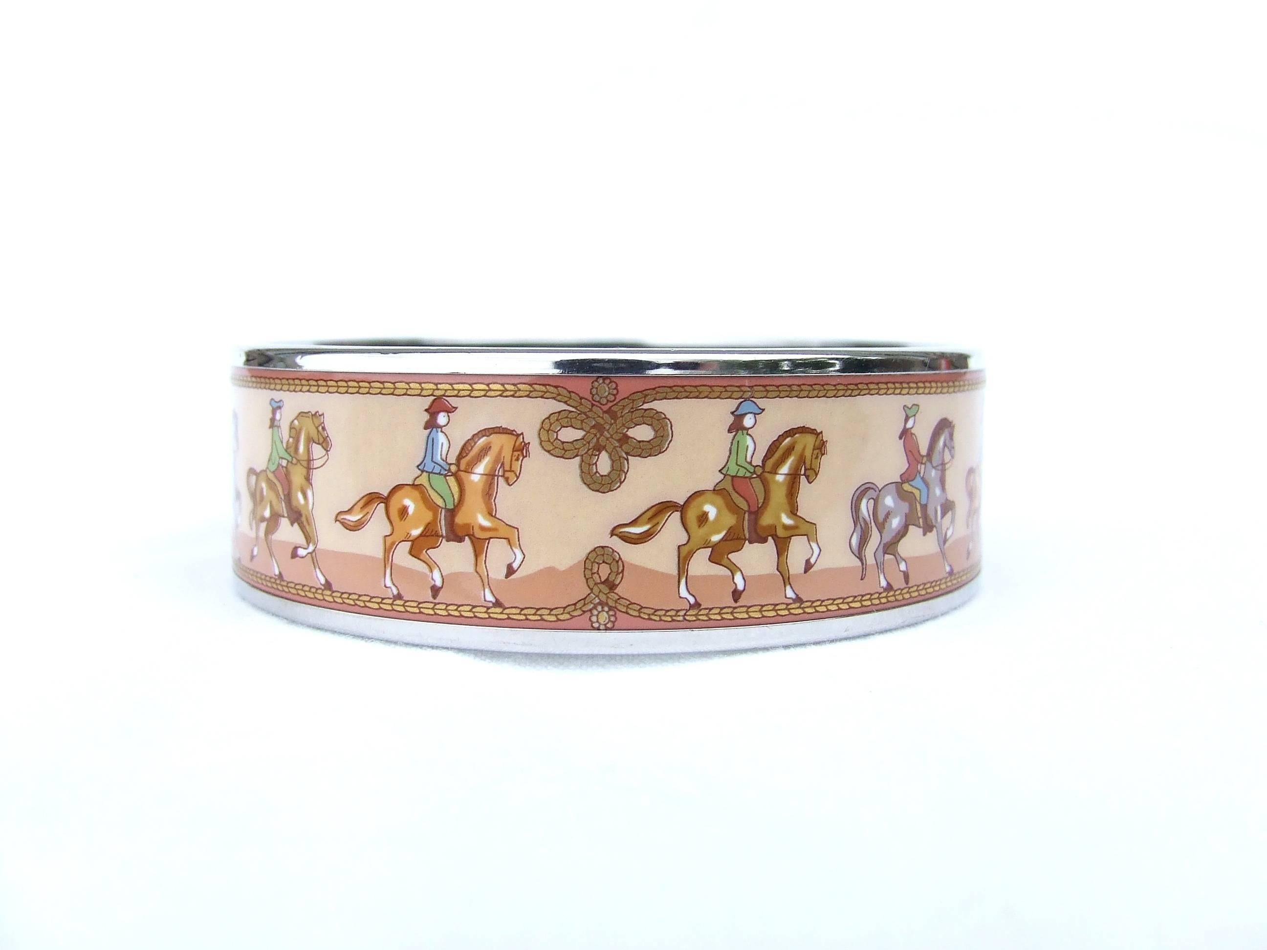 Women's HERMES Enamel Printed Bracelet Equestrian Horses Rodeo Cowgirls PHW Size 65