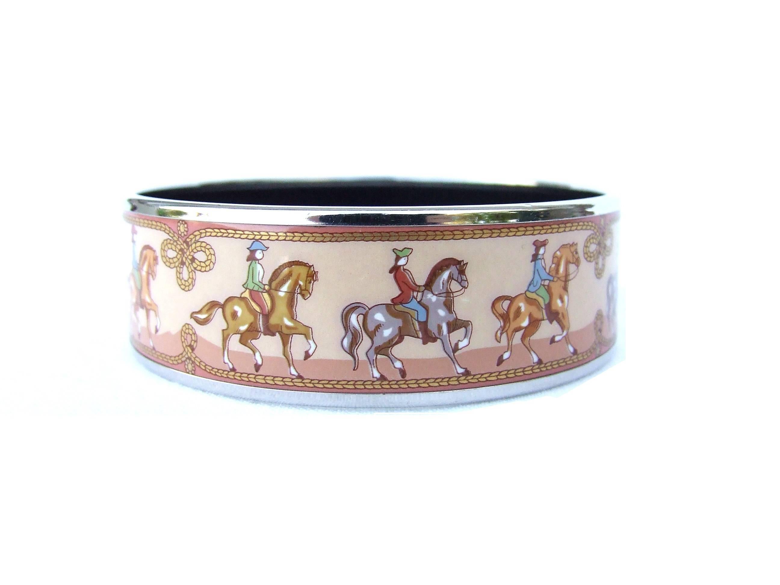 HERMES Enamel Printed Bracelet Equestrian Horses Rodeo Cowgirls PHW Size 65 3