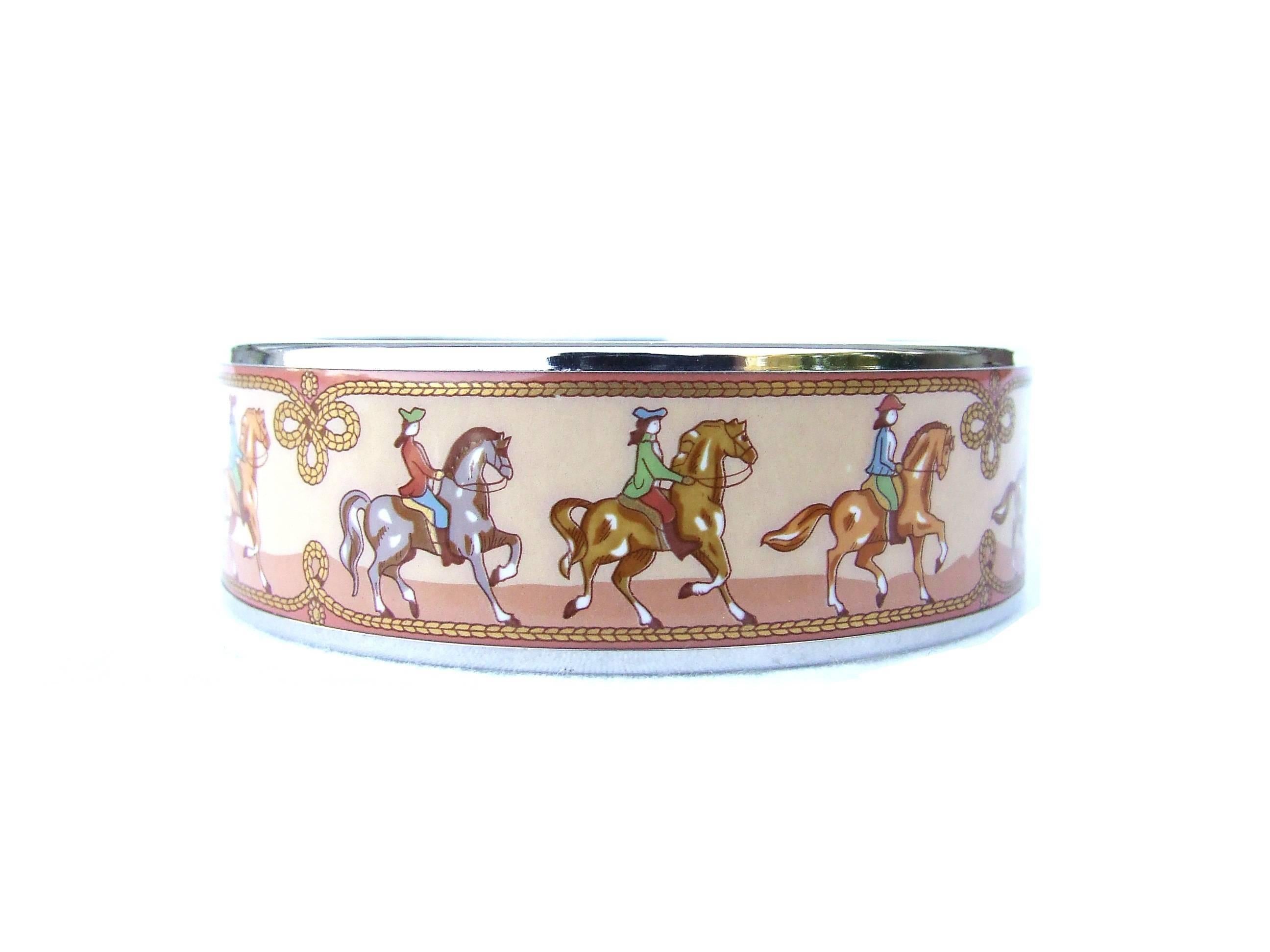 HERMES Enamel Printed Bracelet Equestrian Horses Rodeo Cowgirls PHW Size 65 4