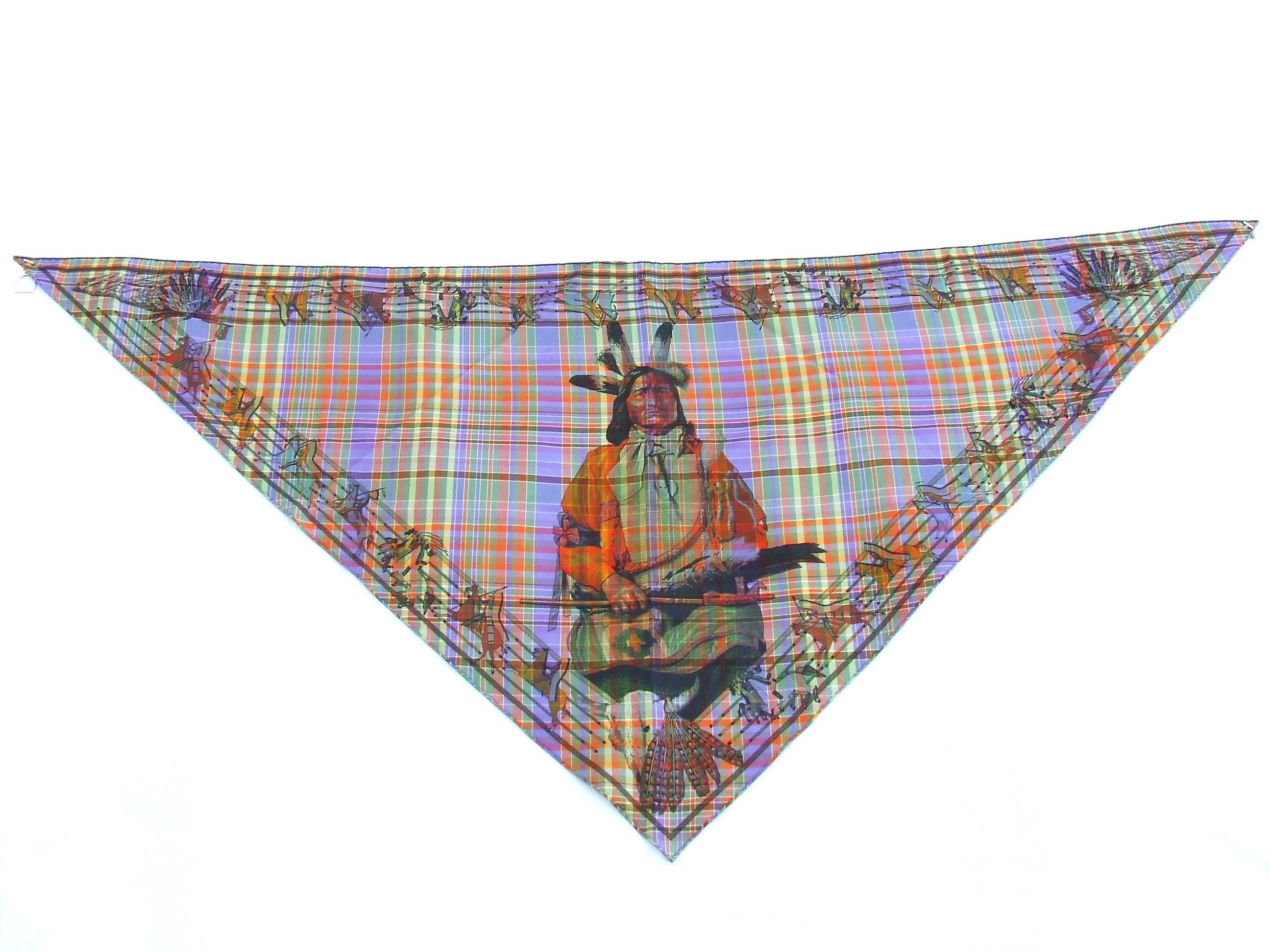 Absolutely Gorgeous Authentic Hermes Scarf

Patter: "Pani La Shar Pawnee"

Designed by Kermit Oliver in 1984

This one is a collector and unique issue from 2009

Made in France

Scarf called "Pointu" (peaked) in shape of