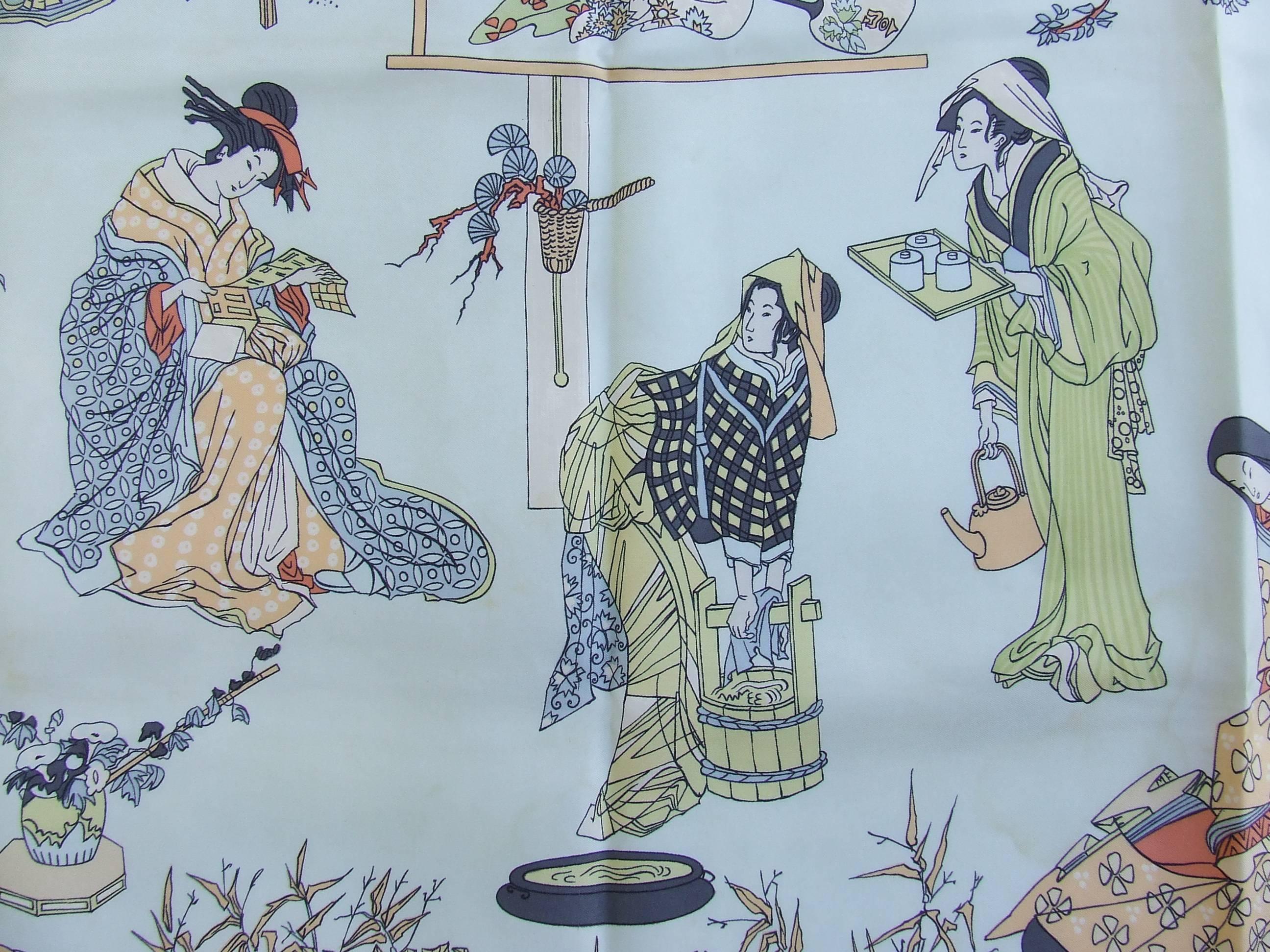 Gray RARE Collector HERMES Vintage Silk Scarf Geisha Japan Françoise Heron 1966 89 cm