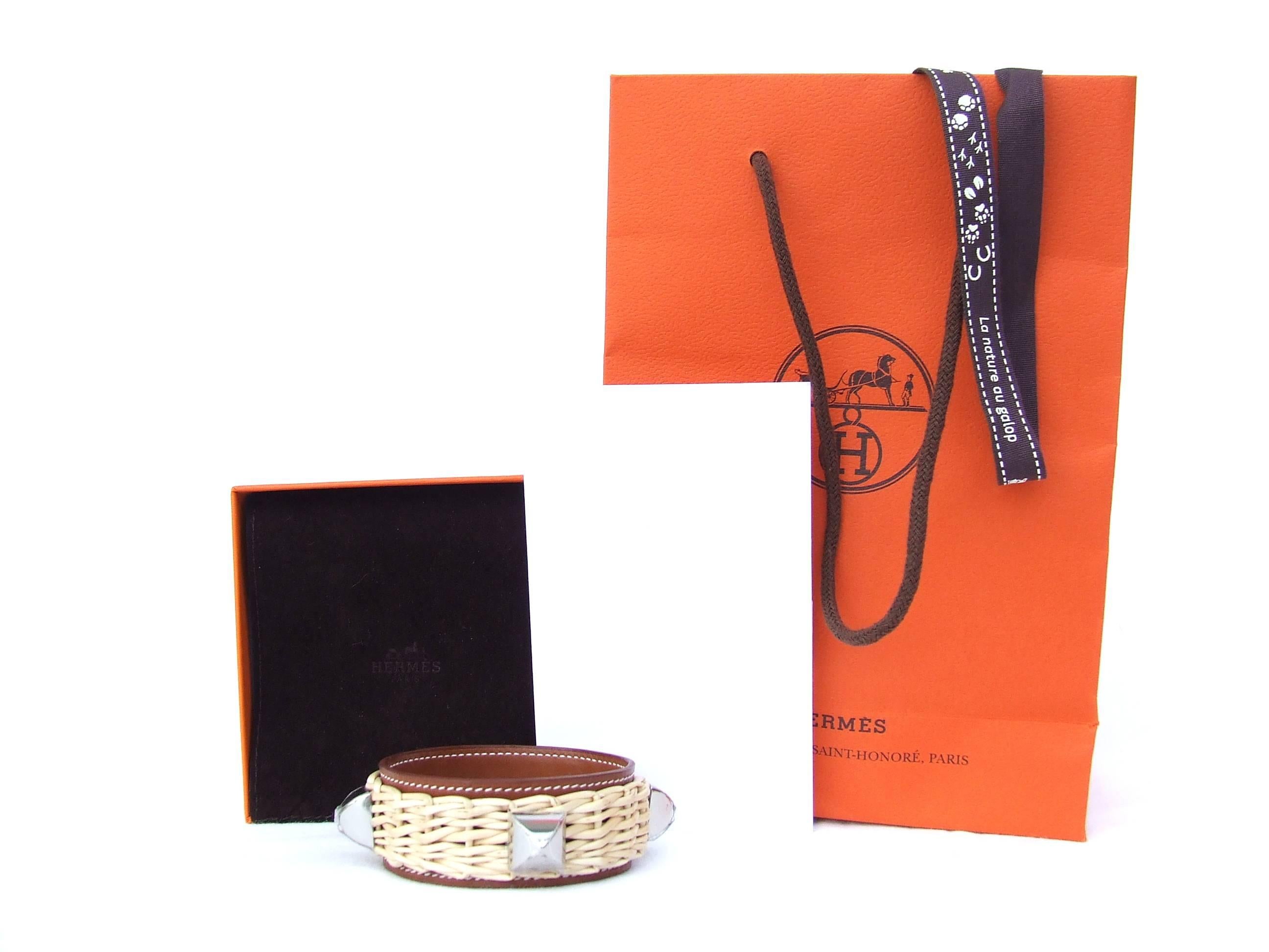 Rare Hermes Bracelet Medor CDC Picnic Osier Wicker Fauve Barenia PHW Size M 3