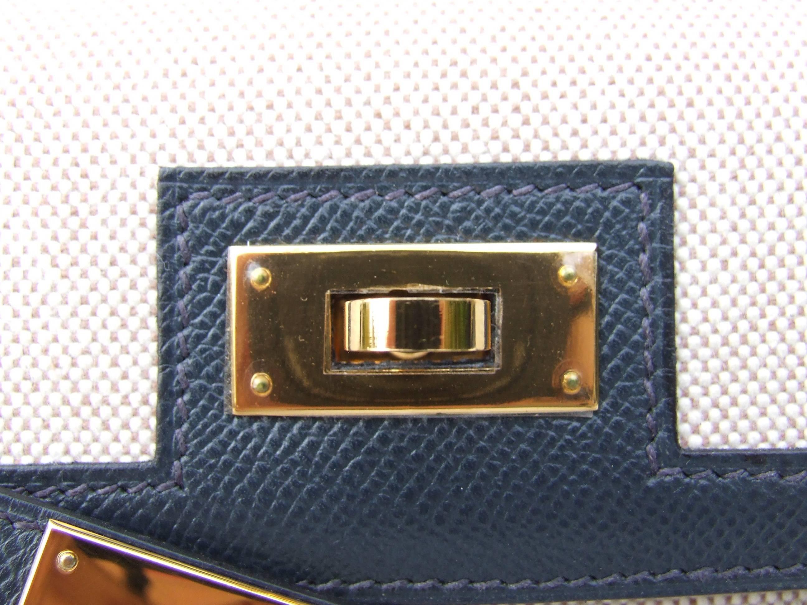 Women's Hermes Kelly 28 Sellier Bag Toile Canvas Courchevel Epsom Navy Blue Leather GHW
