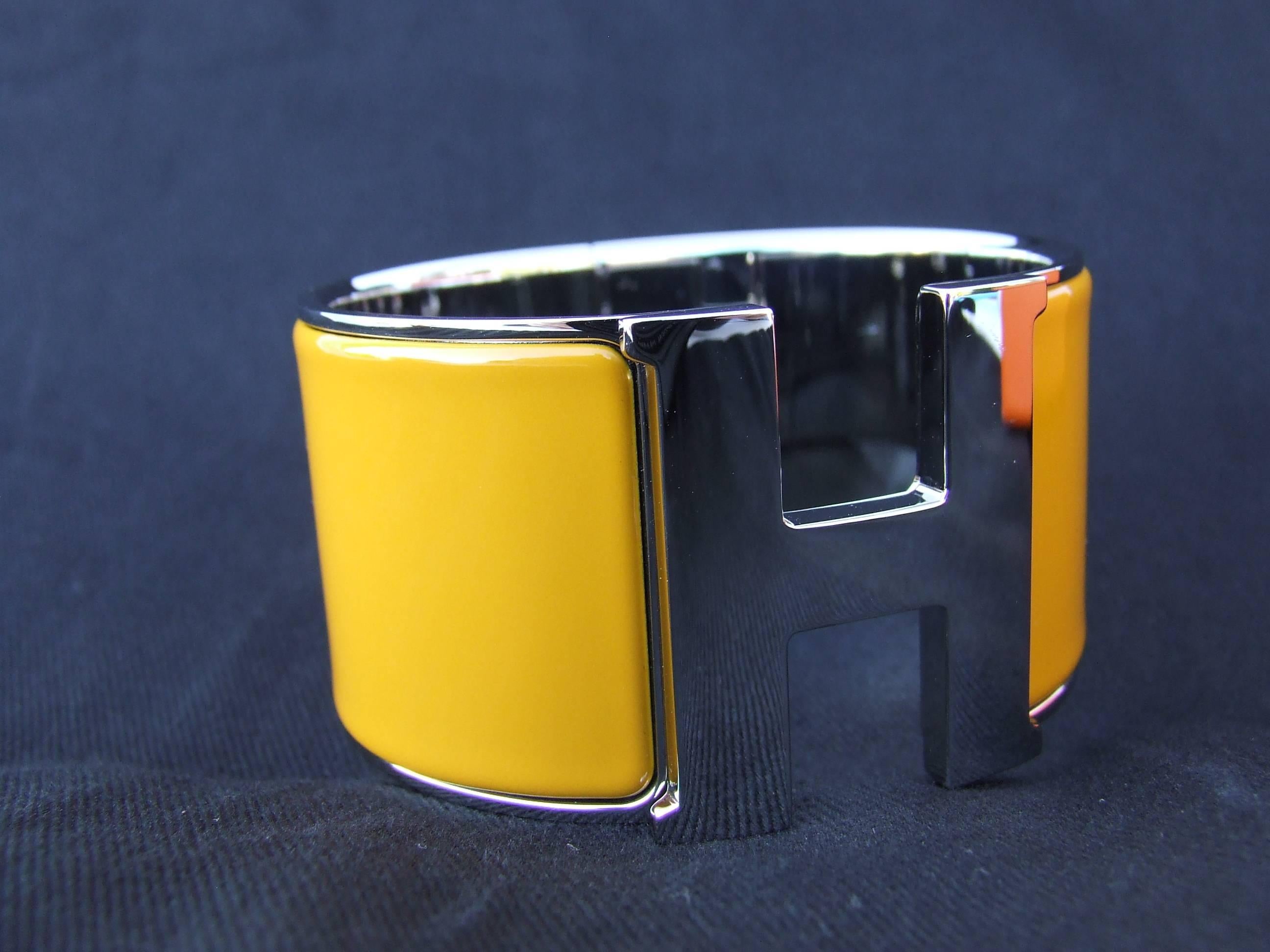 Hermes Clic Clac H Bracelet Cuff Enamel Safran Yellow PHW Extra Wide GM  3