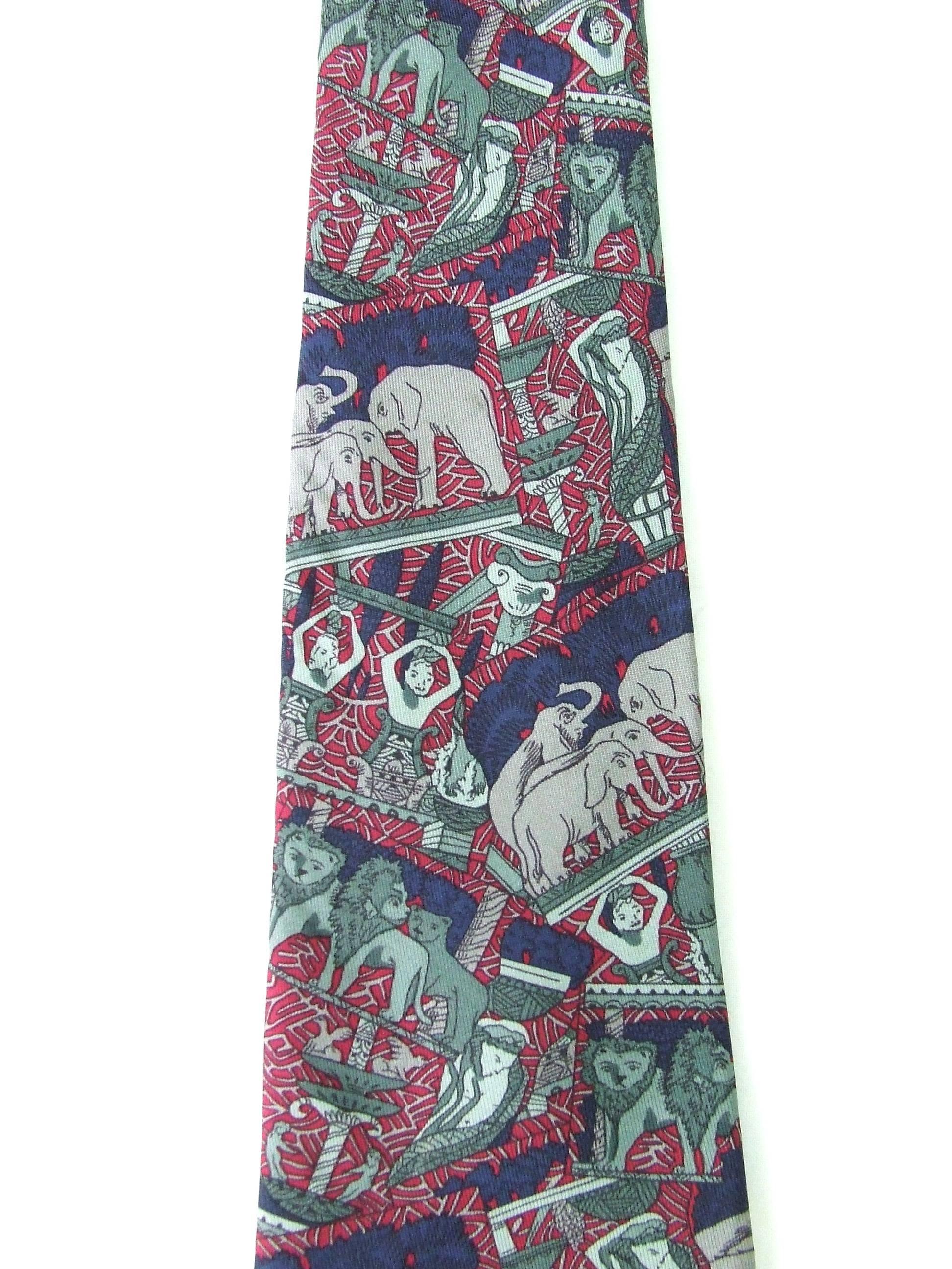 Cravate en soie Hermès Éléphants Lions vert, gris, bleu, bourgogne menthe 5