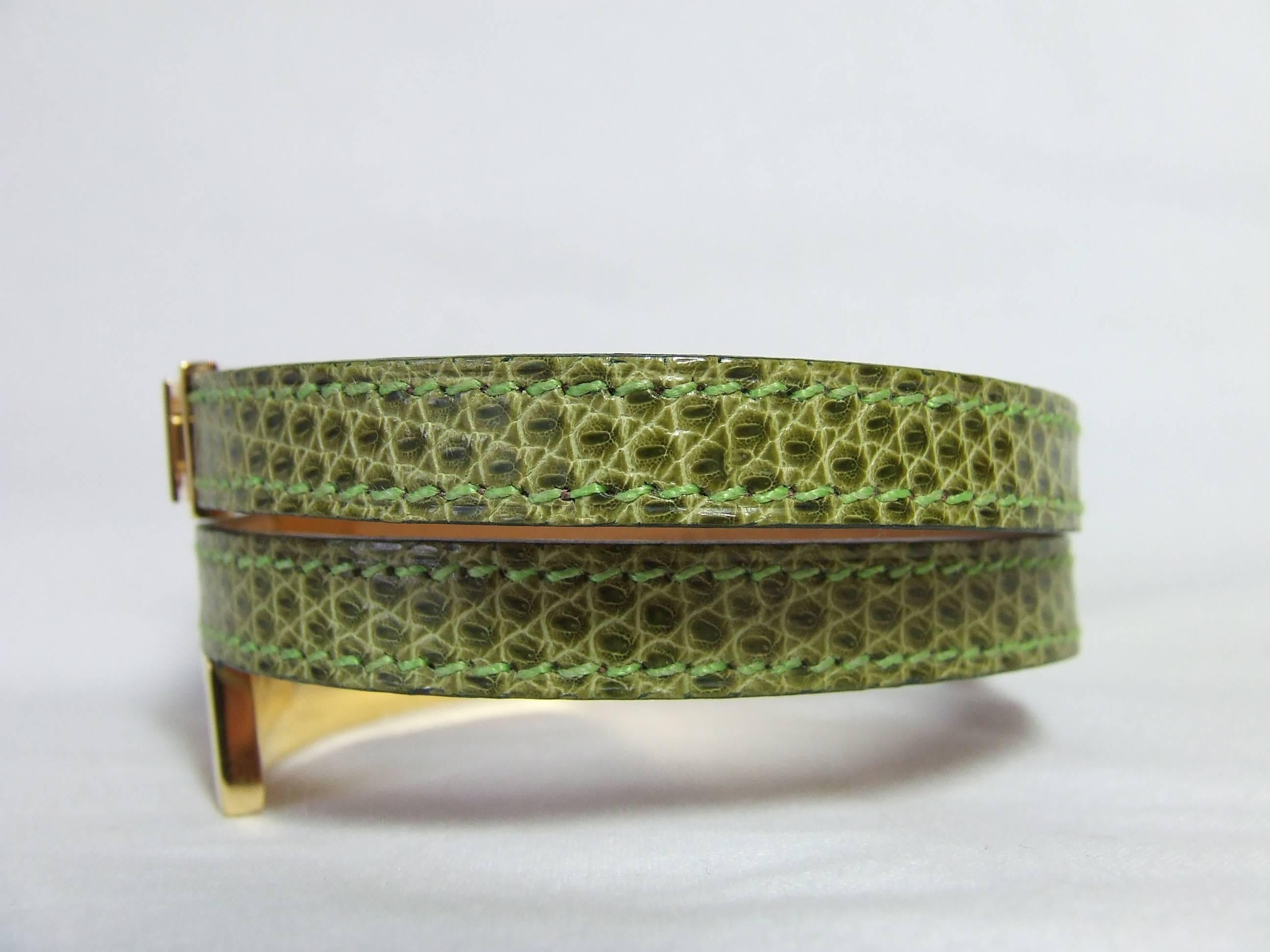 Women's Hermes Pousse Pousse Bracelet Light Green Lizard Golden Hardware 