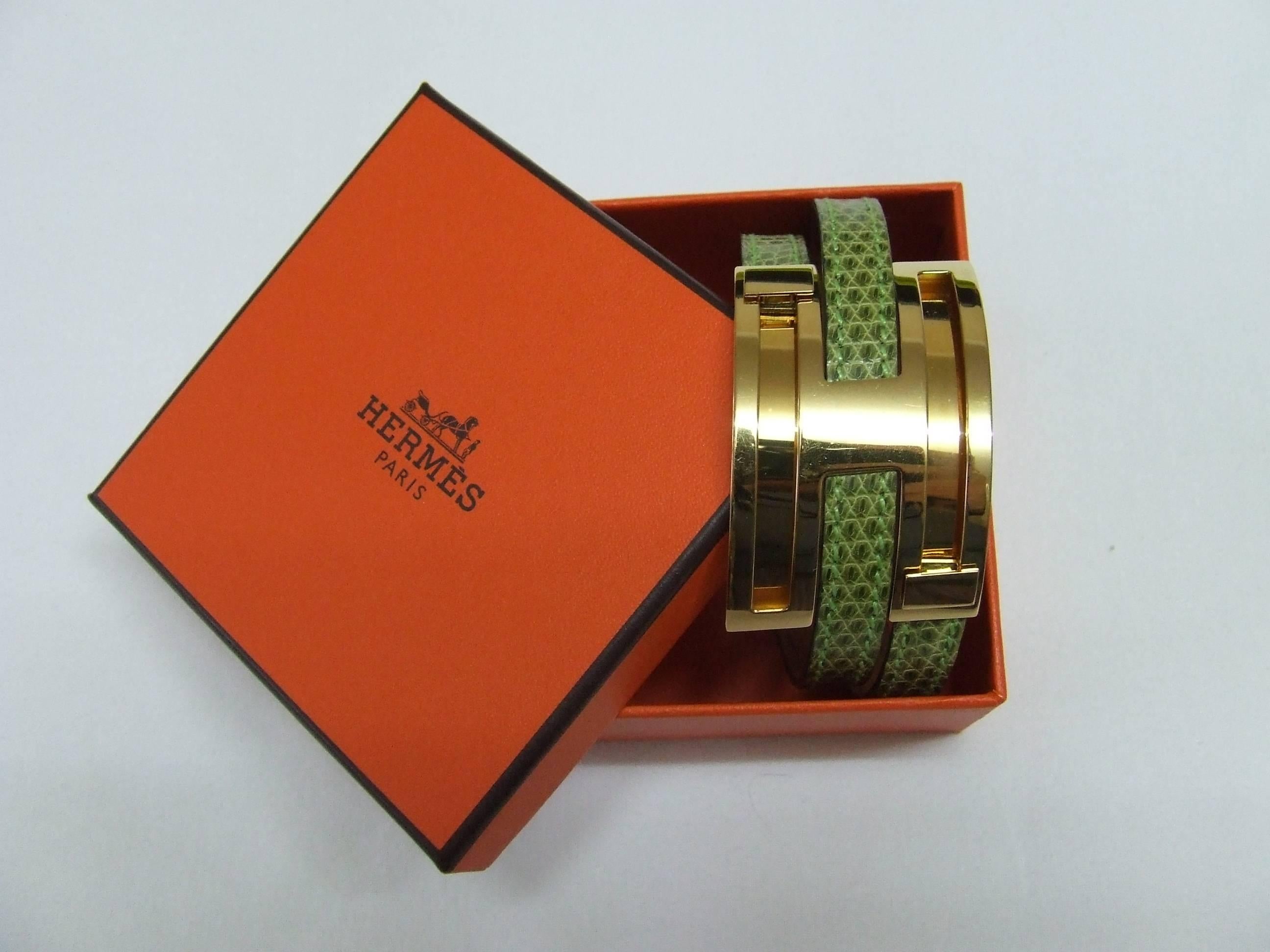 Hermes Pousse Pousse Bracelet Light Green Lizard Golden Hardware  5