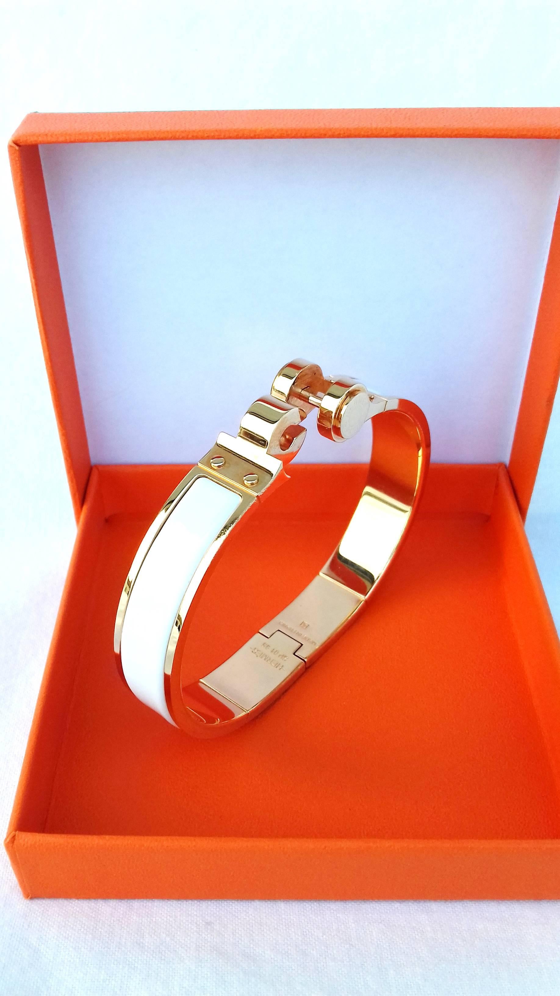 Hermès Charniere Uni Hinged Plain White Enamel Bracelet GHW Narrow Size M 1
