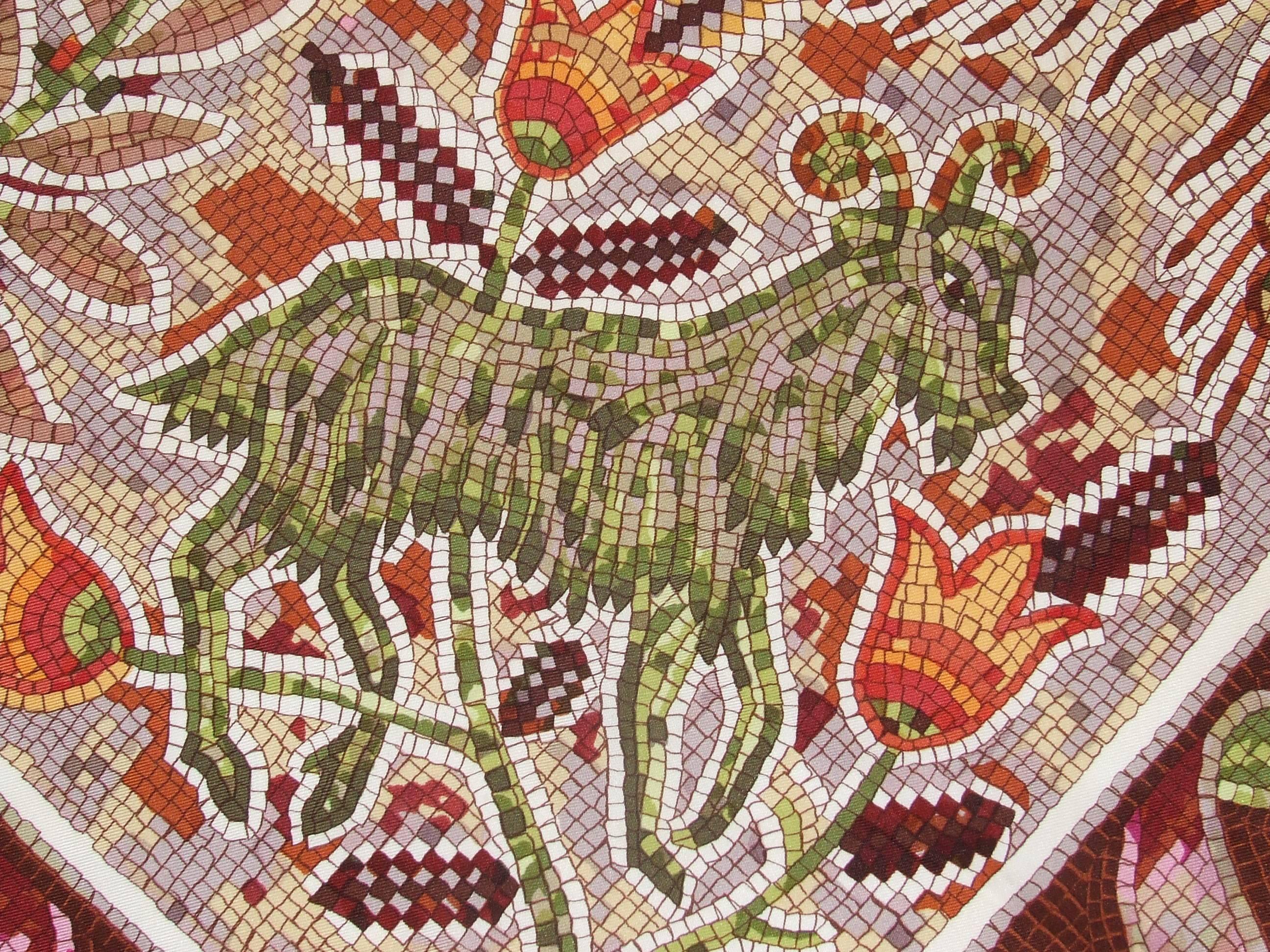 Brown Hermes Silk Scarf Pavement Mosaic Maurice Trenchant Purple Green 90 cm