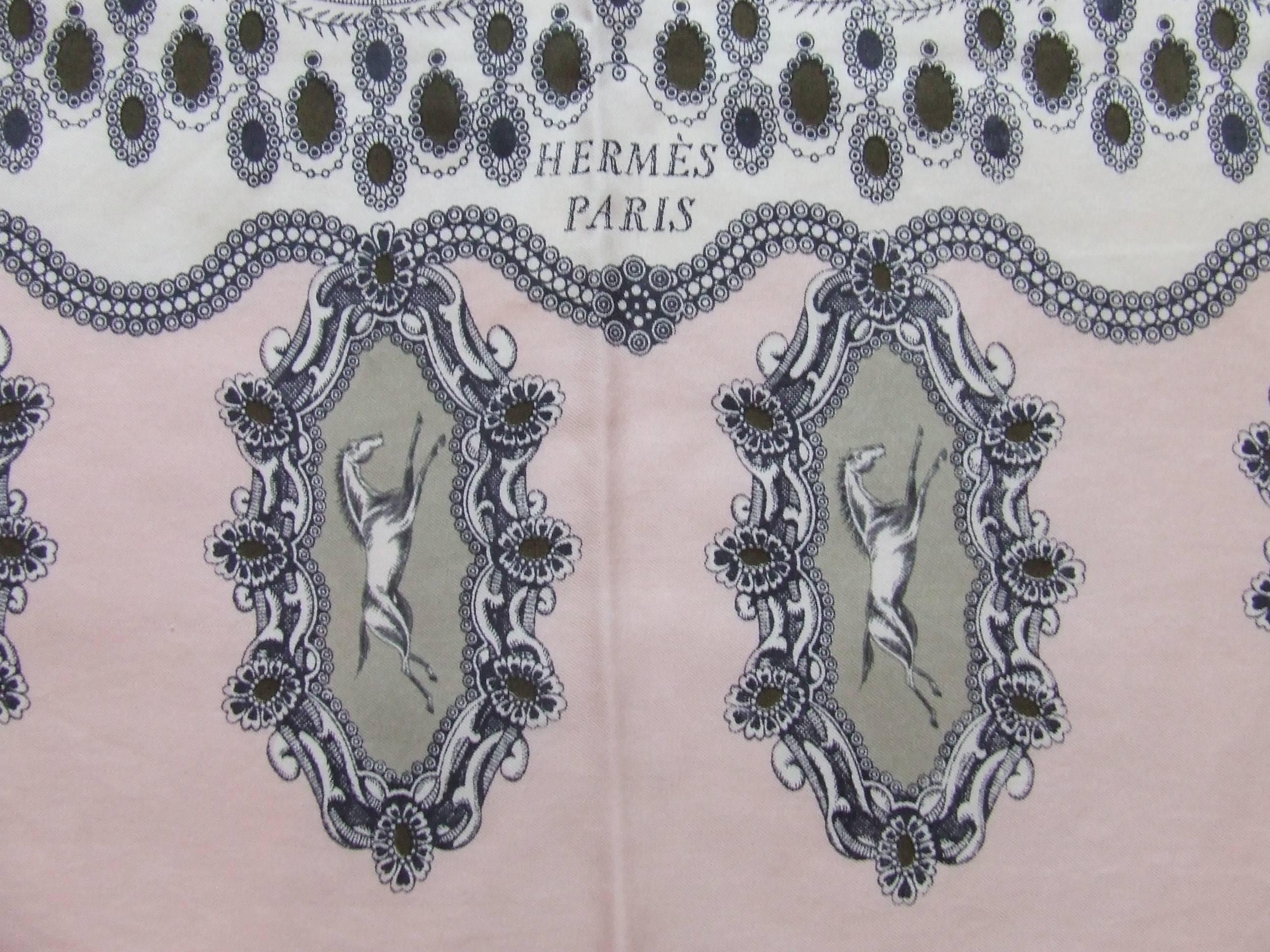 Authentic Hermes Vintage Scarf

Pattern: "Chevaux en Cameos"

Designed by Jacques Eudel in 1963

Made in France

Made of 100% Silk

Colorways: Pink Background, Green, Khaki, White, Grey

"HERMES PARIS", "Jacques