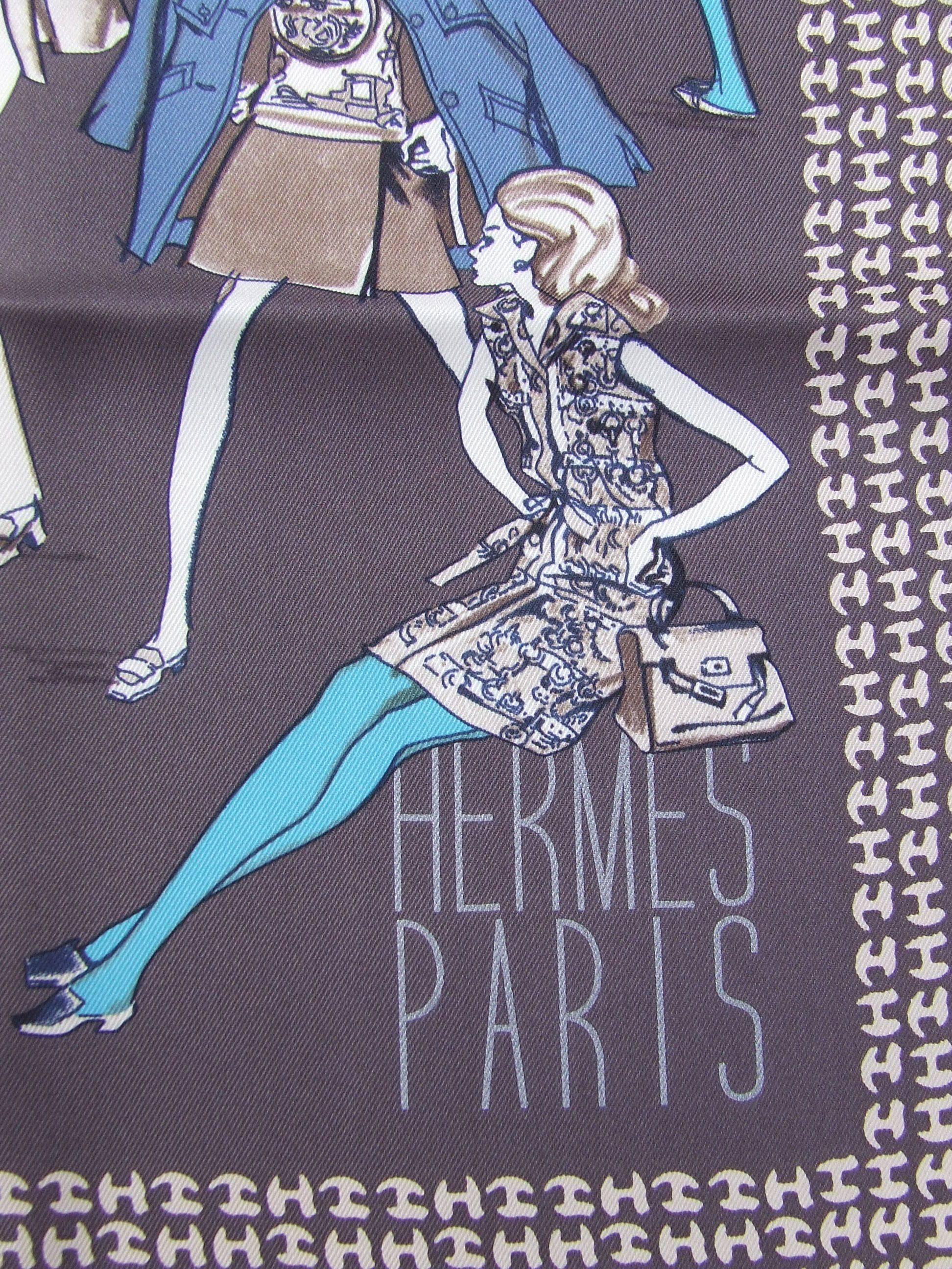 Gray Hermes Vintage Silk Scarf Printemps Ete 69 Automne Hiver 70 Brown Blue 70 cm