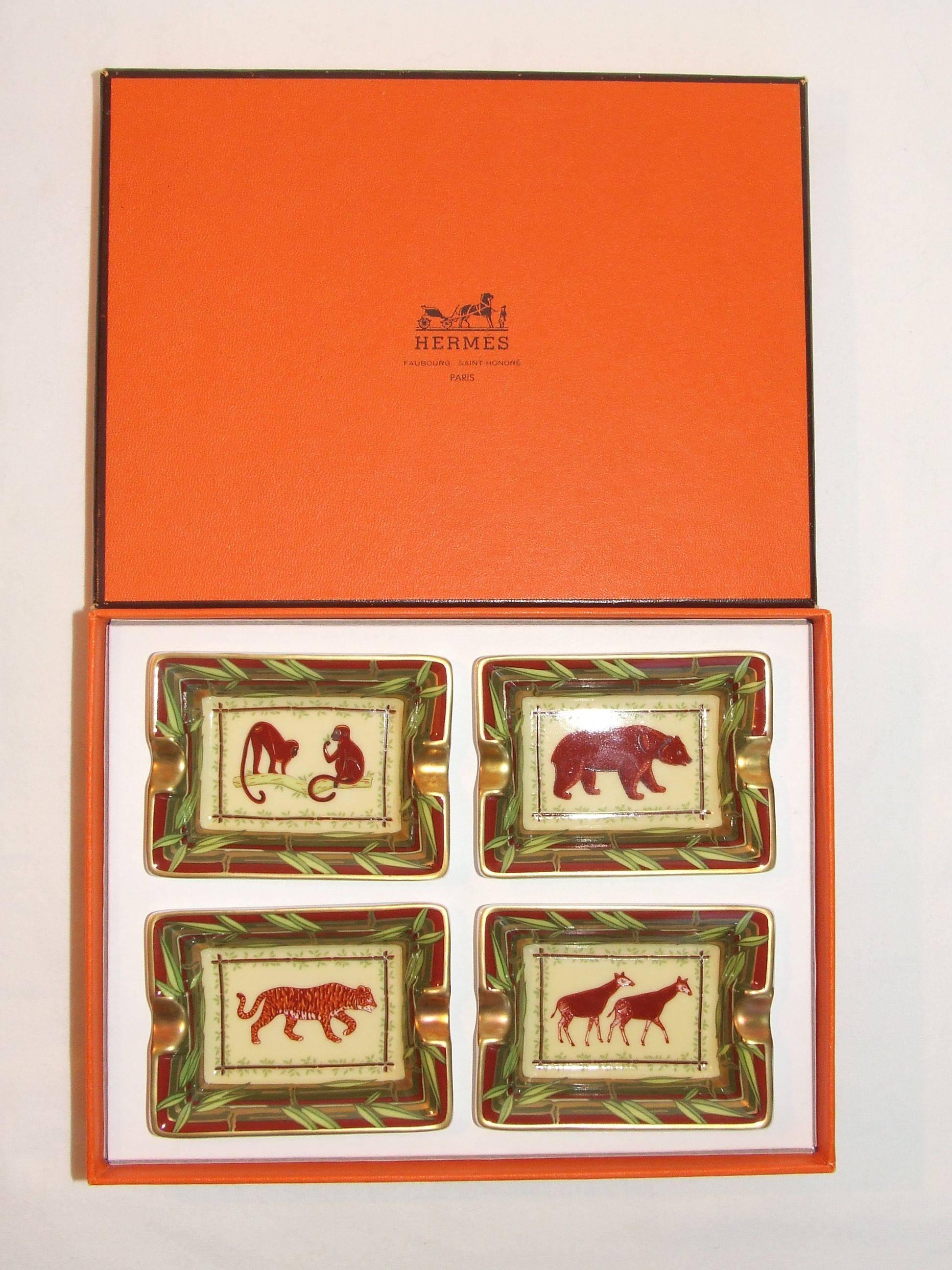 Women's or Men's Hermes 4 Small Printed Porcelain Ashtray Change Tray Monkey Bear Tiger Giraffe
