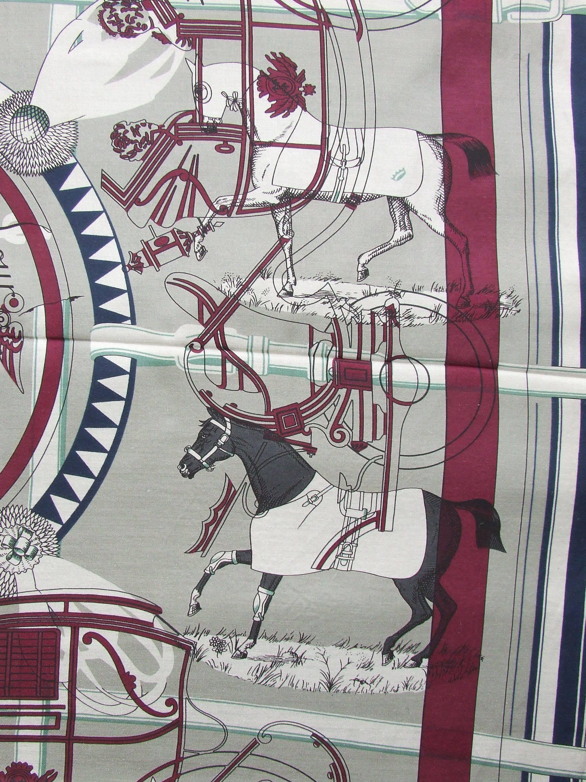 Gray Hermès Cotton Silk Scarf Carré Men Imprimeur Fou Couvertures Ex Libris 90cm RARE