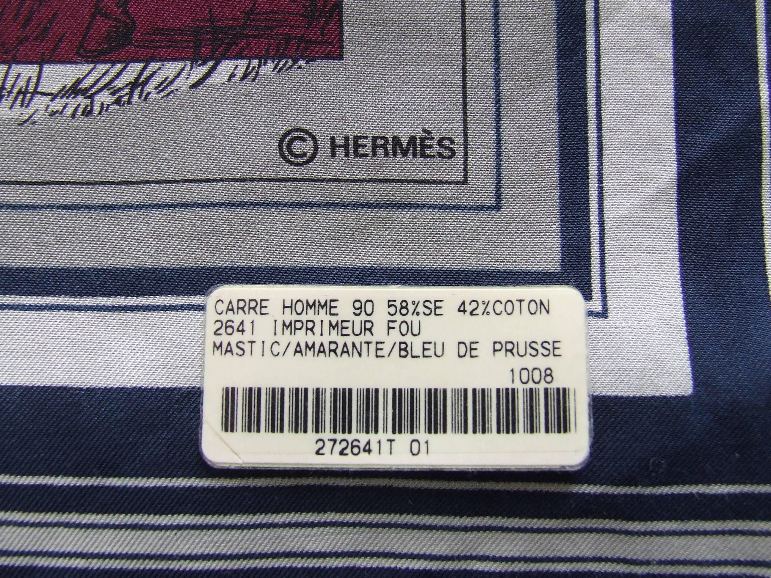 Hermès Cotton Silk Scarf Carré Men Imprimeur Fou Couvertures Ex Libris 90cm RARE 7
