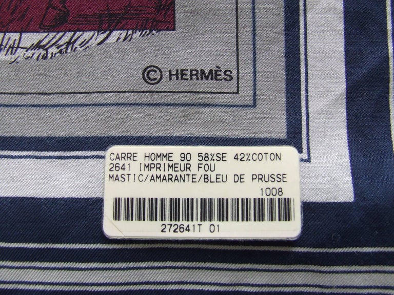 Hermès Cotton Silk Scarf Carré Men Imprimeur Fou Couvertures Ex Libris 90cm RARE 9