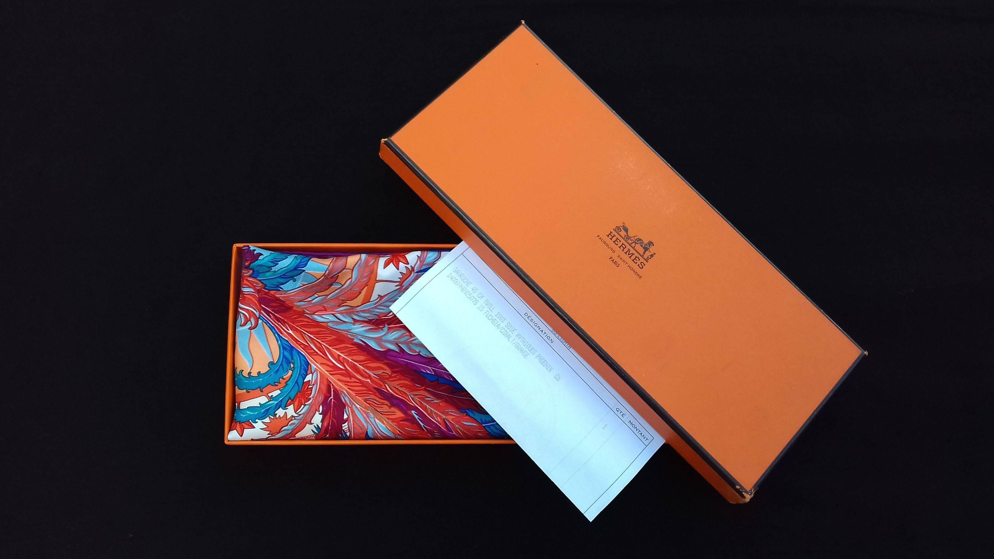Hermès Gavroche Pocket Square Mythiques Phoenix Fuchsia Cobalt Orange 42cm Scarf 9