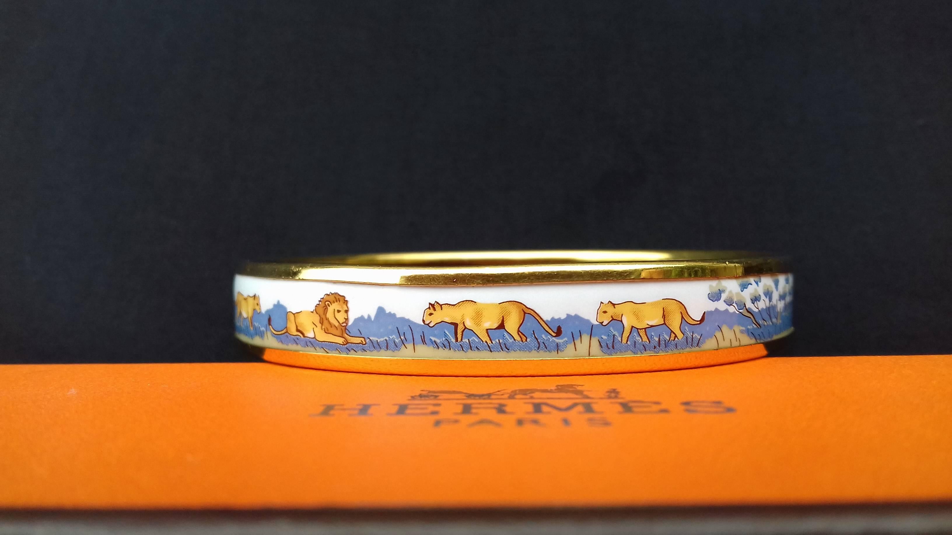 Hermès Printed Enamel Bracelet Lions and Lionesses Narrow Gold Hdw Size PM 65 3