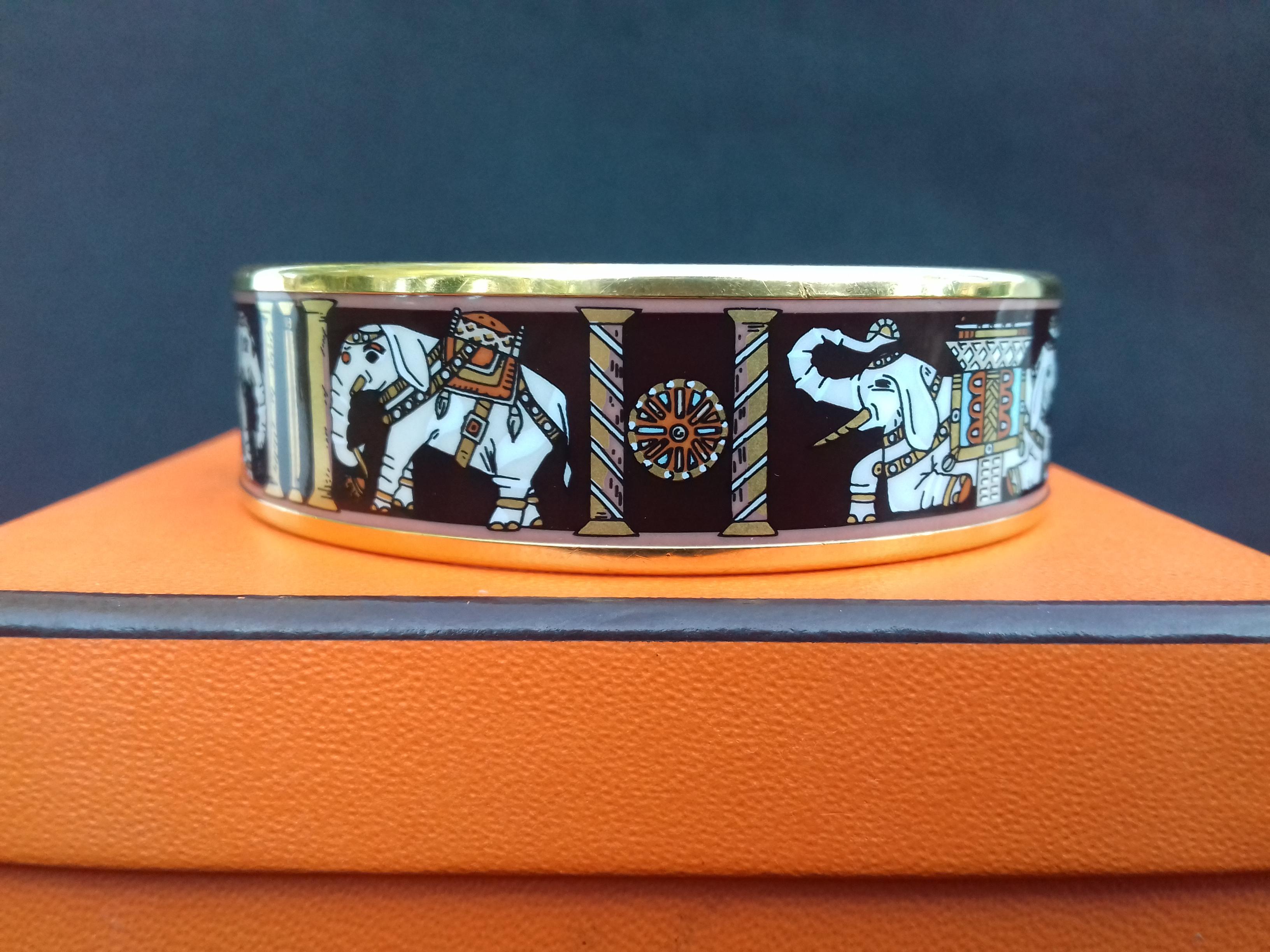 Women's Hermès Enamel Printed Bracelet Elephants Torana Brown Gold Hdw Size 65