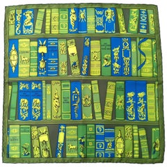 Vintage Hermes Small Silk Scarf Gavroche Pocket Square Bibliotheque Green 41 cm