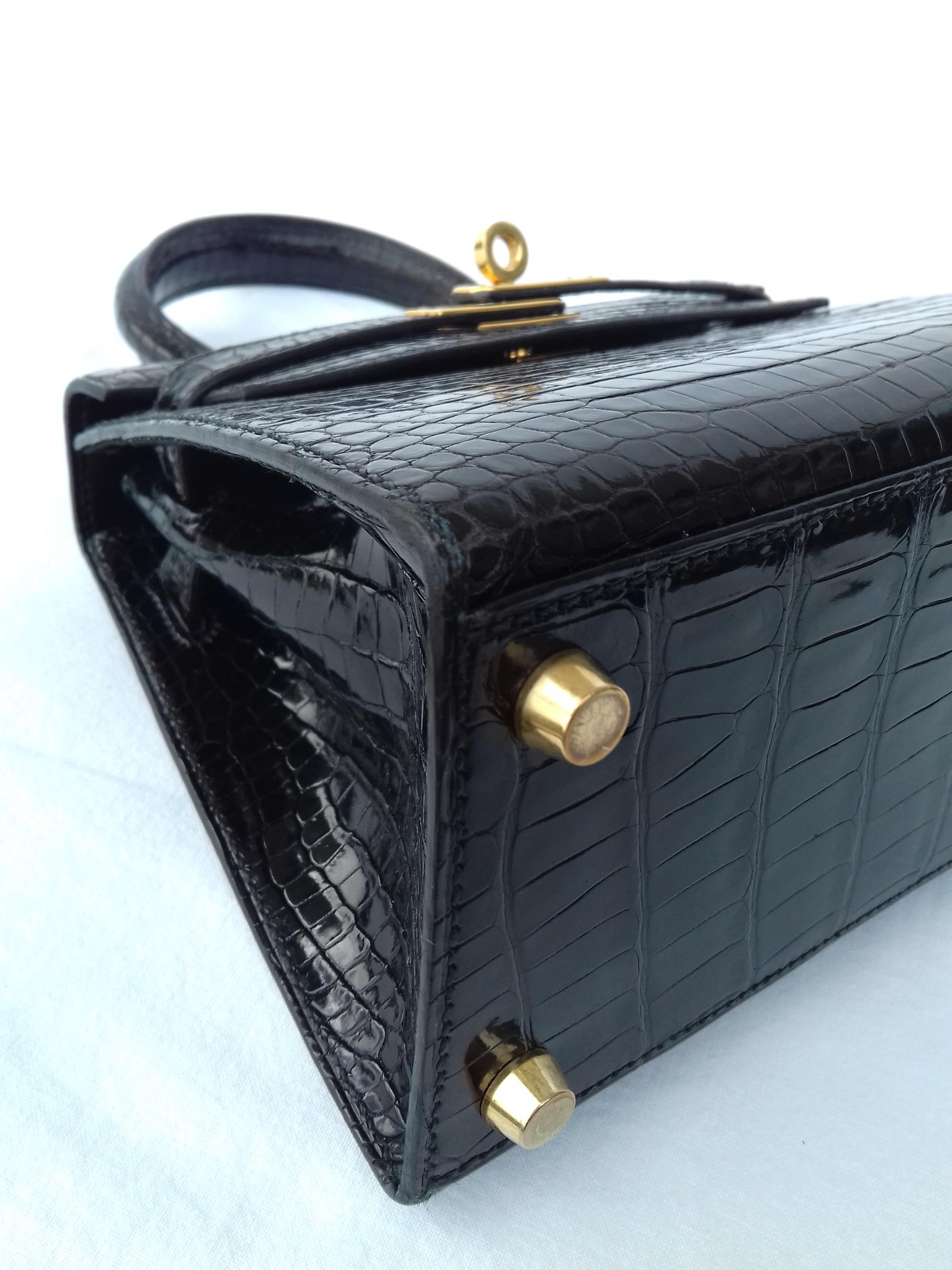 Hermès Mini Kelly Vintage Tasche Sellier Schwarz Kroko Krokodil Ghw 20 cm RARE 11