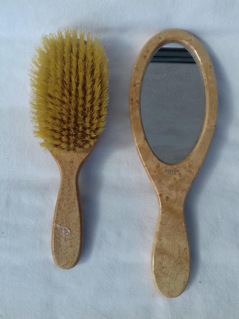 Hermès Marquetry Lacquered Wood Hair Brush and Mirror Set For Sale at 1stdibs