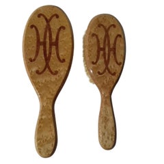 Hermès Marquetry Lacquered Wood Hair Brush and Mirror Set 
