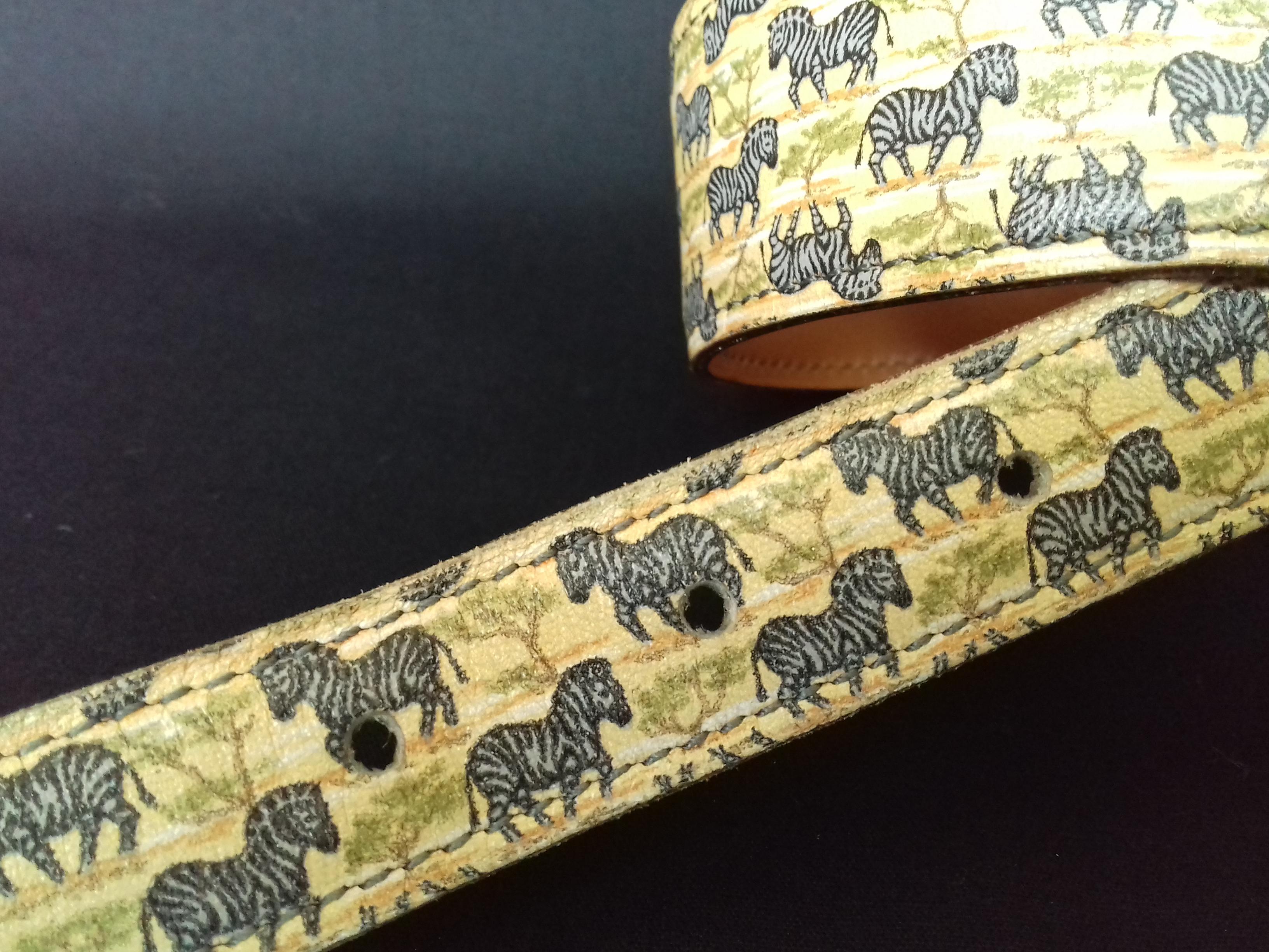 Hermès Vintage Leather Belt Zebras Pattern Tropiques Ghw Size 70 RARE 14