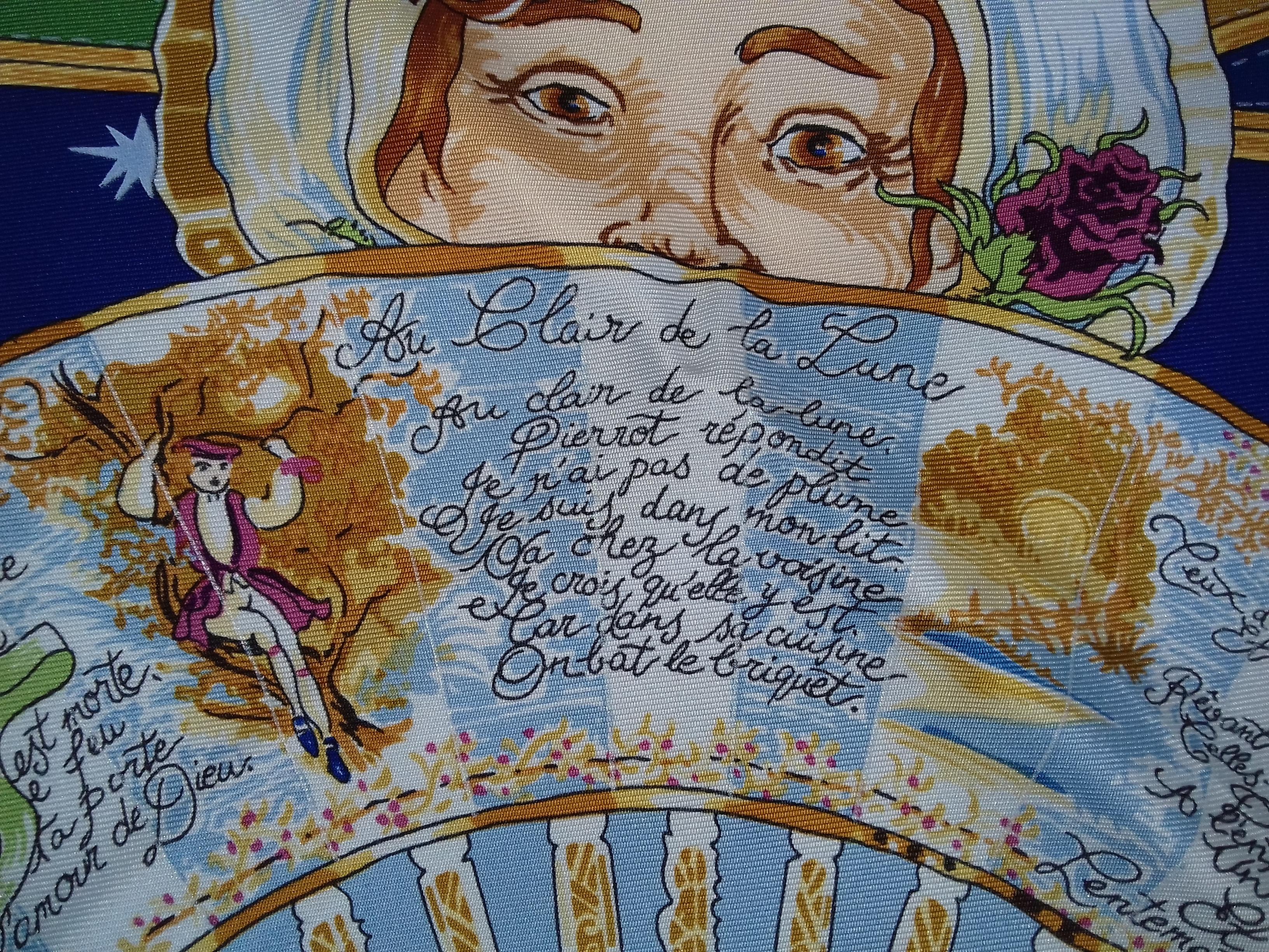 Women's Hermès Silk Scarf Au clair de la Lune Mon ami Pierrot Sandra Laroche Blue 90 cm