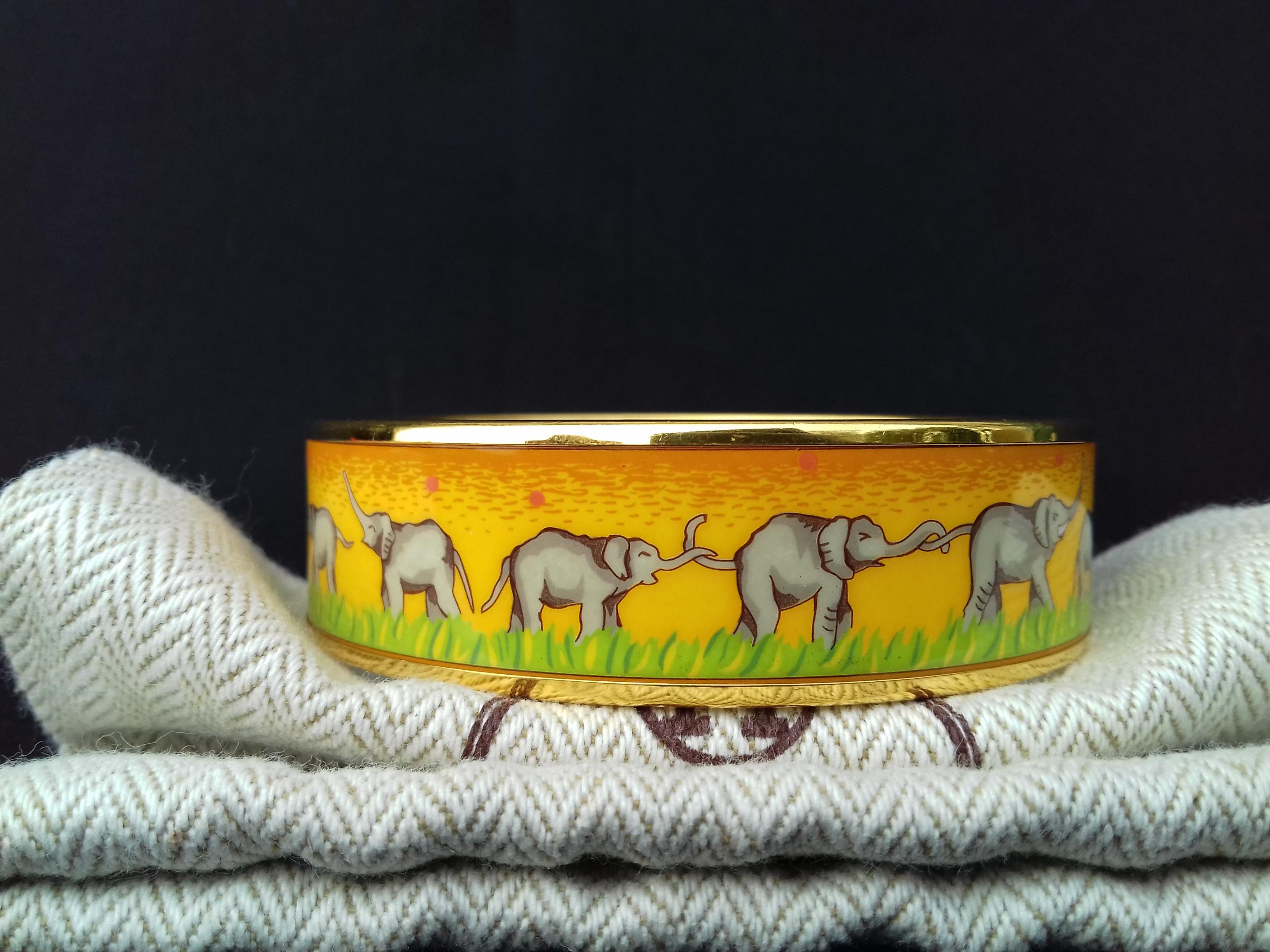 Hermès Enamel Printed Bracelet Elephants Grazing Gold Hdw Yellow Size GM 70 5