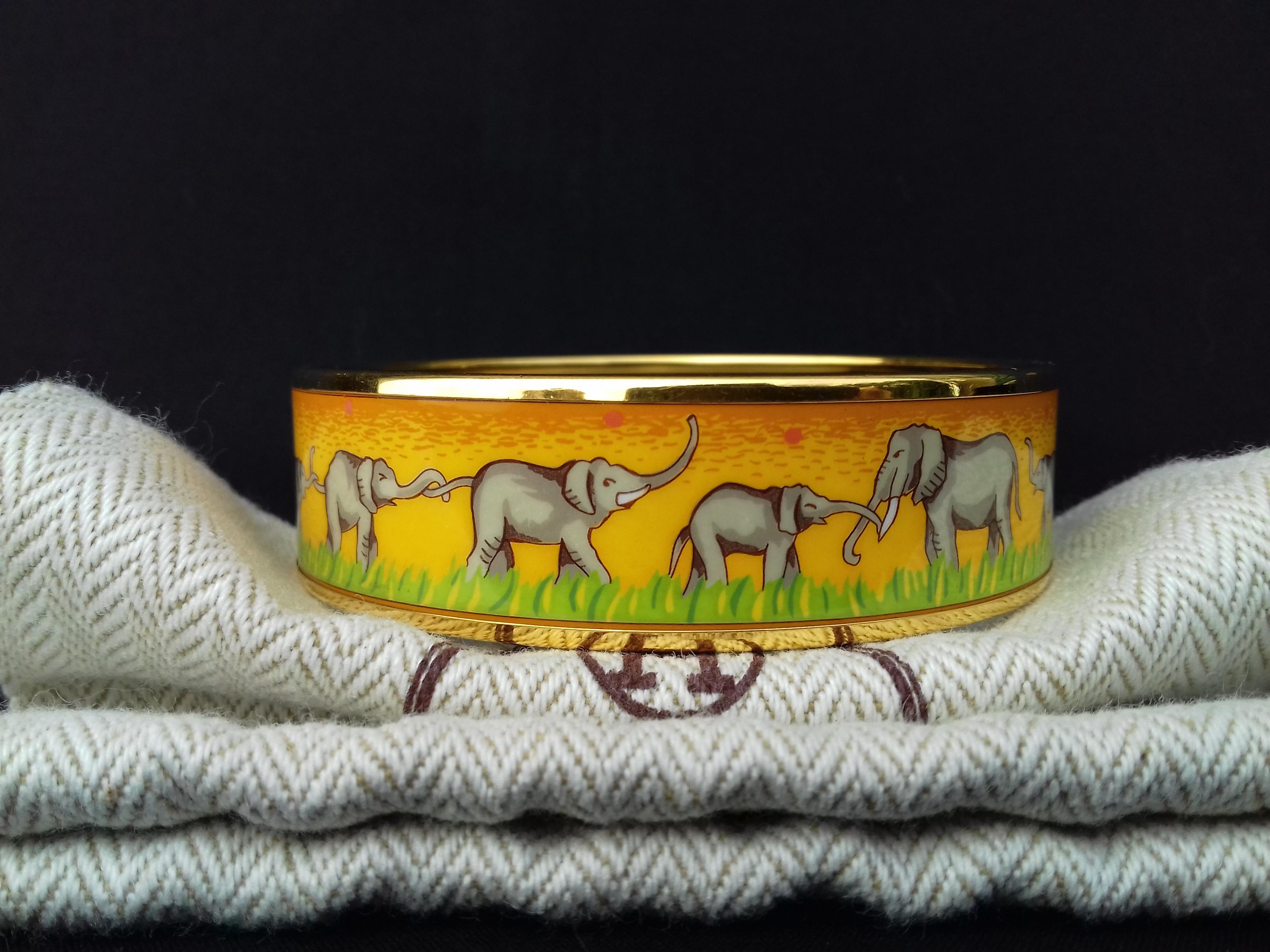 Hermès Enamel Printed Bracelet Elephants Grazing Gold Hdw Yellow Size GM 70 6
