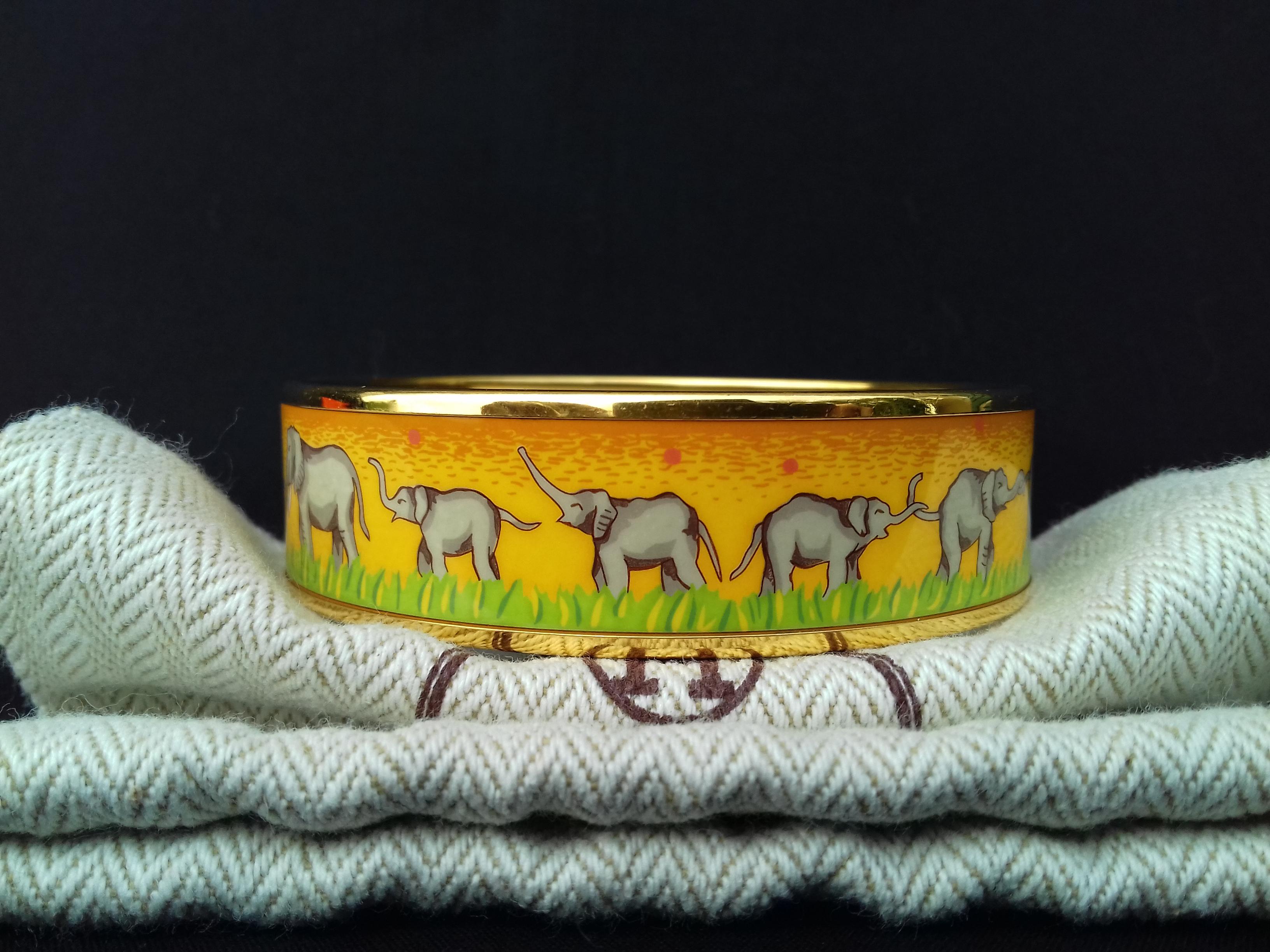 Hermès Enamel Printed Bracelet Elephants Grazing Gold Hdw Yellow Size GM 70 7
