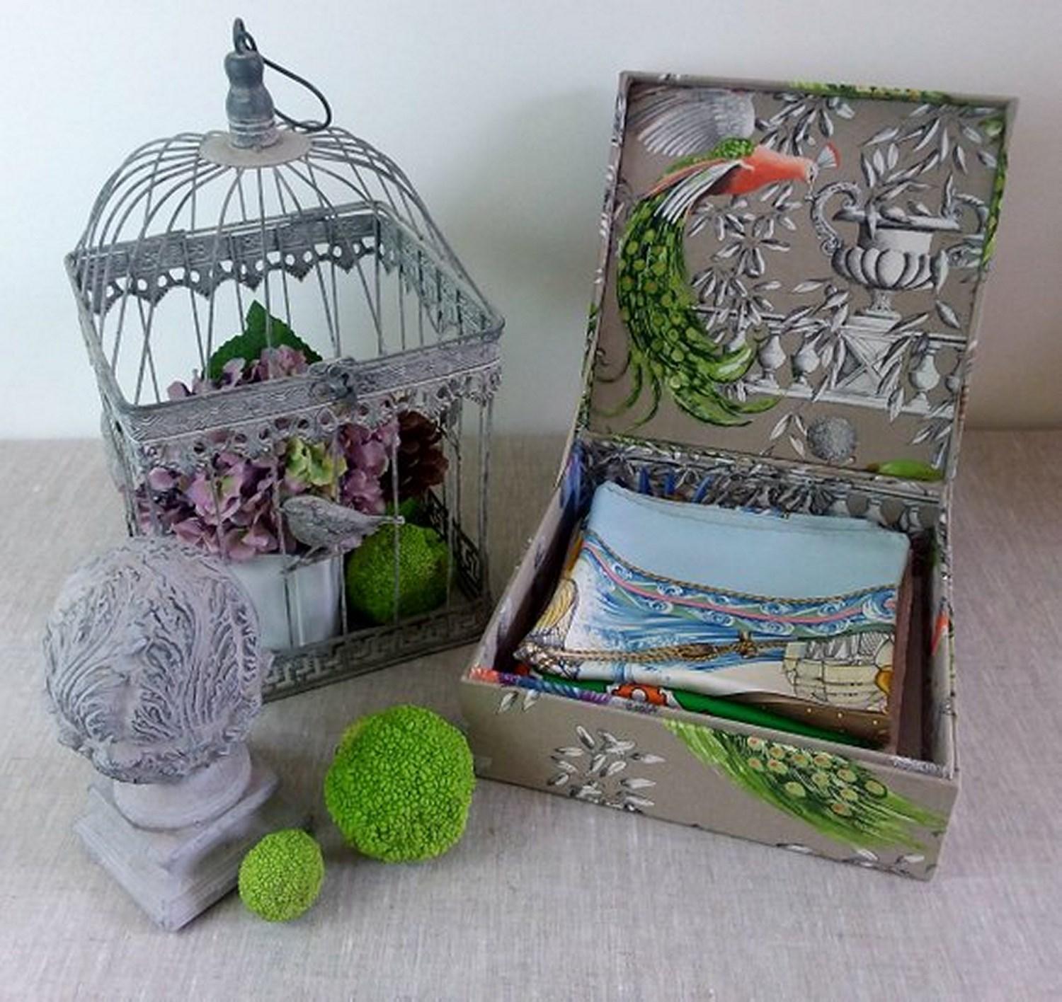 Birds Printed Fabric Decorative Storage Box for Scarves  6