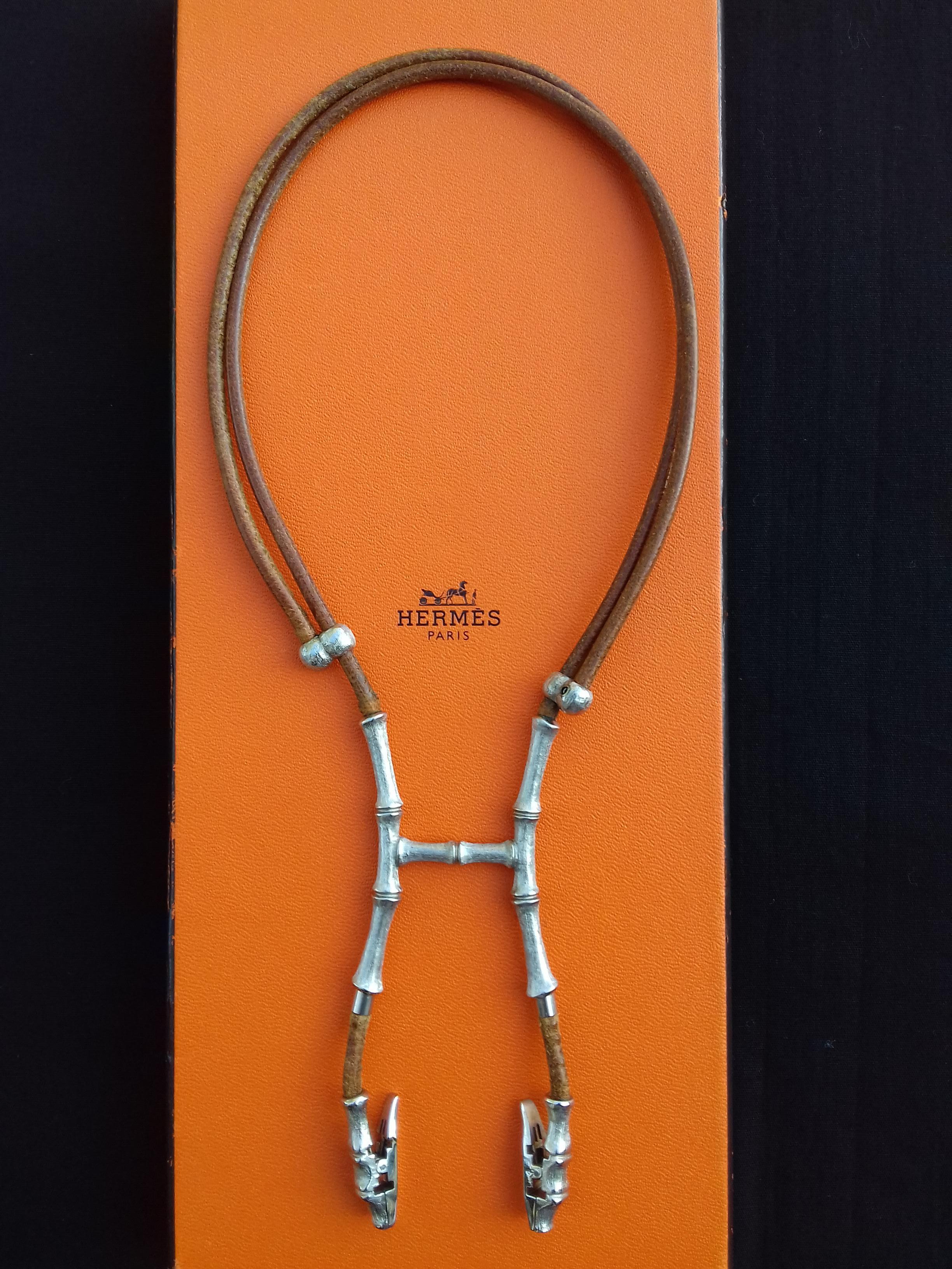 Hermès Paris Bambou Halter Necklace for scarf Collier Brown Leather RARE 6
