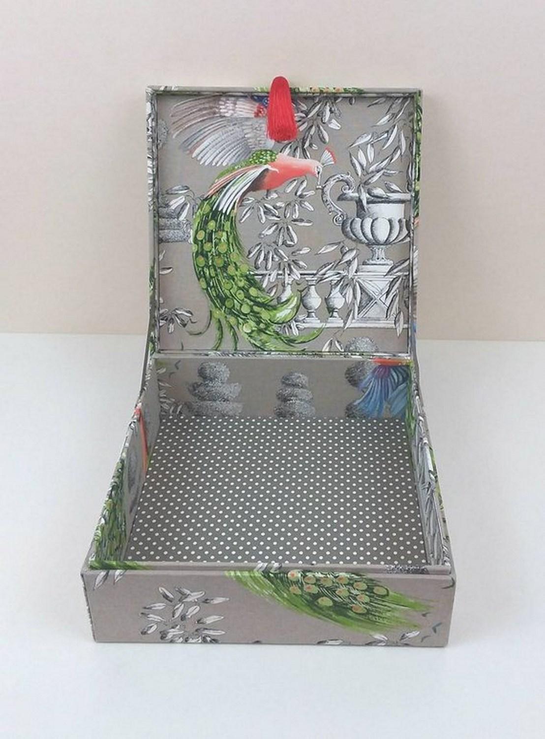 Women's or Men's Birds Printed Fabric Decorative Storage Box for Scarves Handmade in France