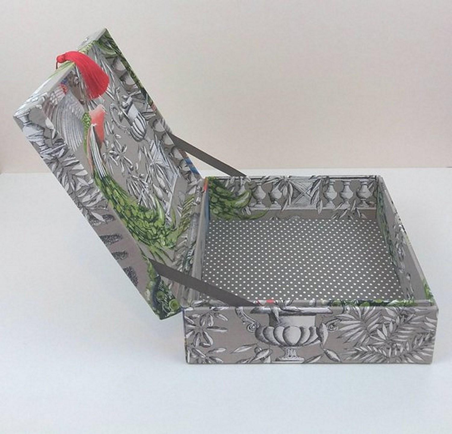 Birds Printed Fabric Decorative Storage Box for Scarves Handmade in France 1