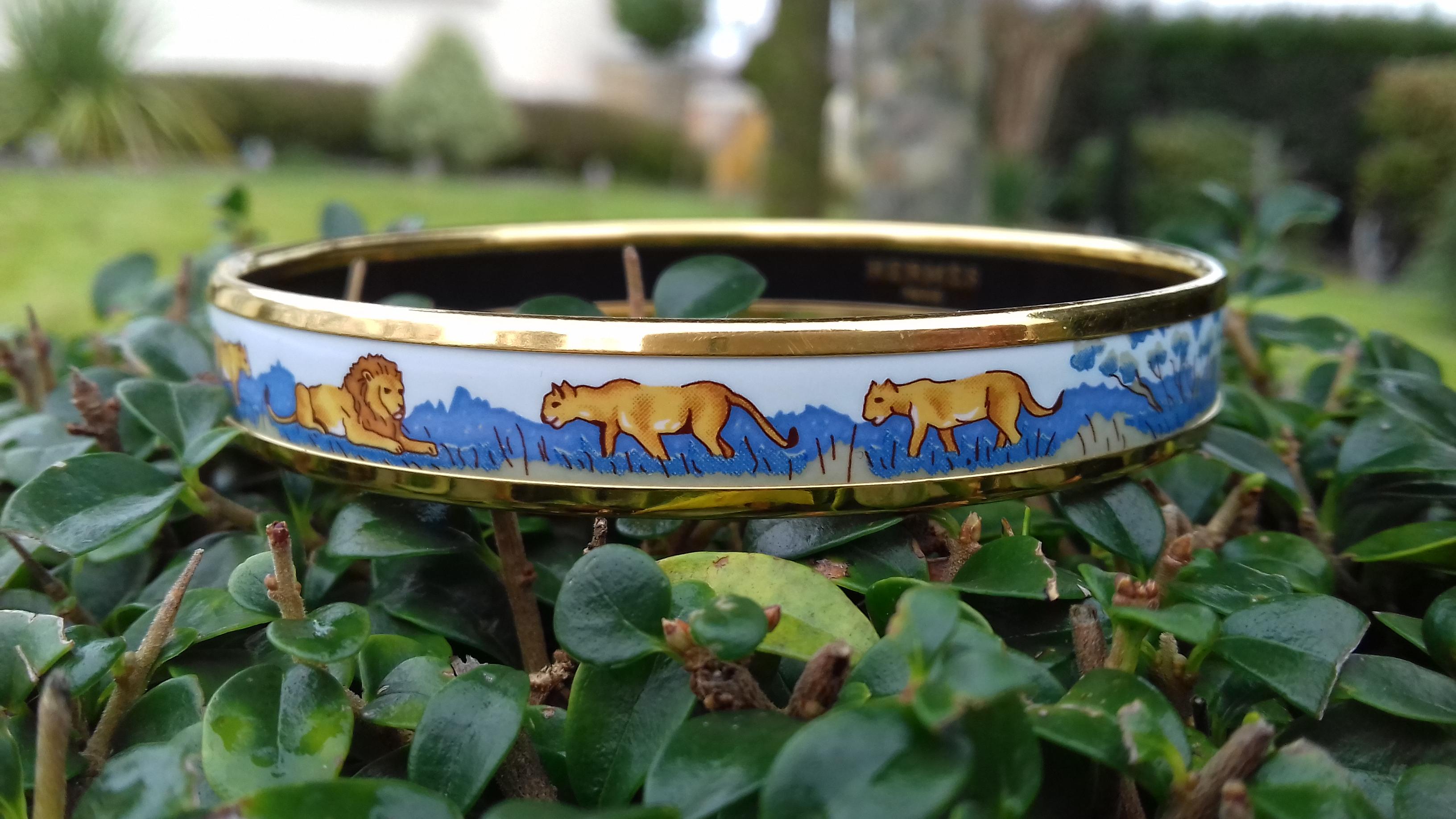 Hermès Printed Enamel Bracelet Lions and Lionesses Narrow Gold Hdw Size PM 65 6