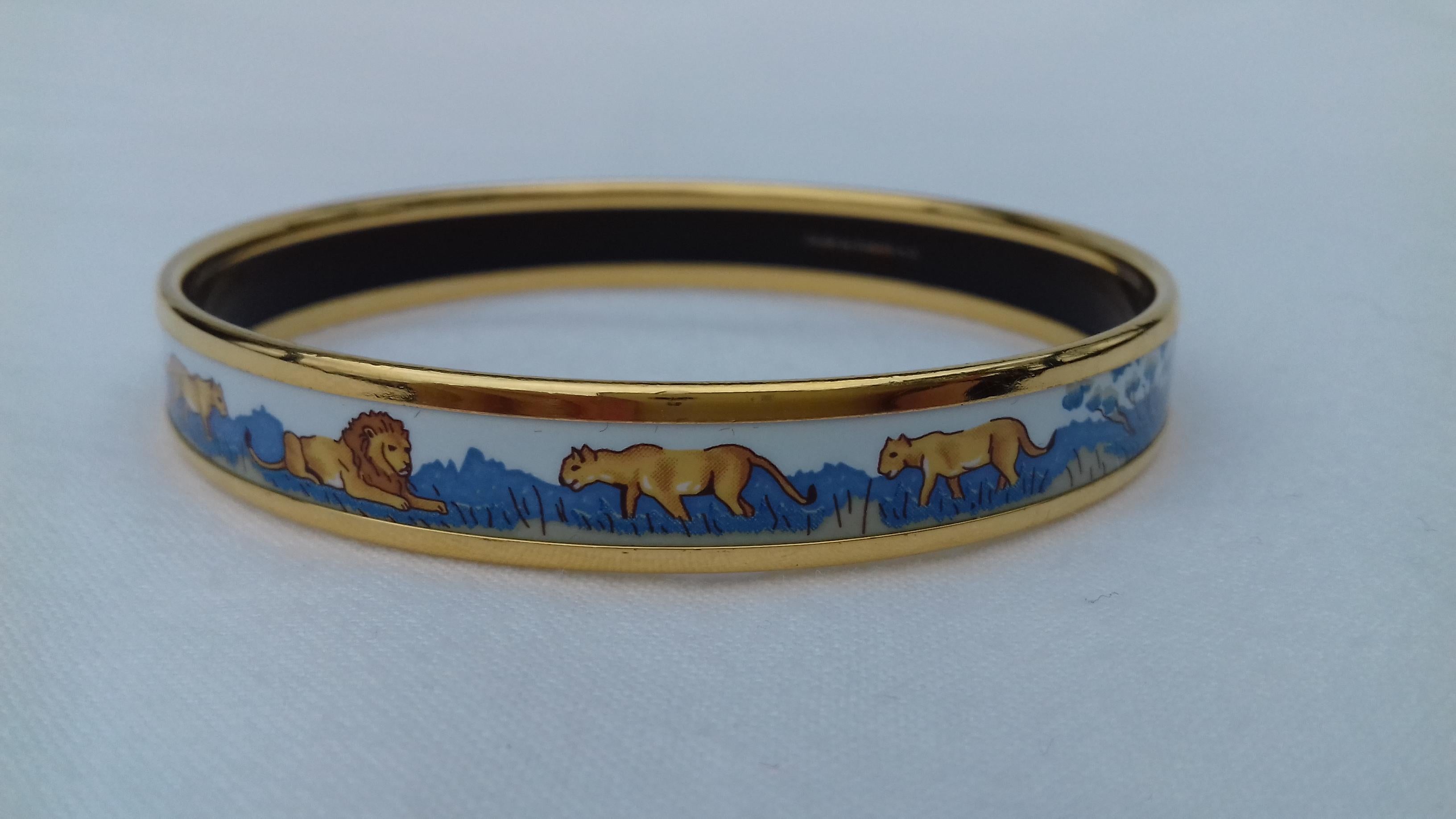 Hermès Printed Enamel Bracelet Lions and Lionesses Narrow Gold Hdw Size PM 65 9