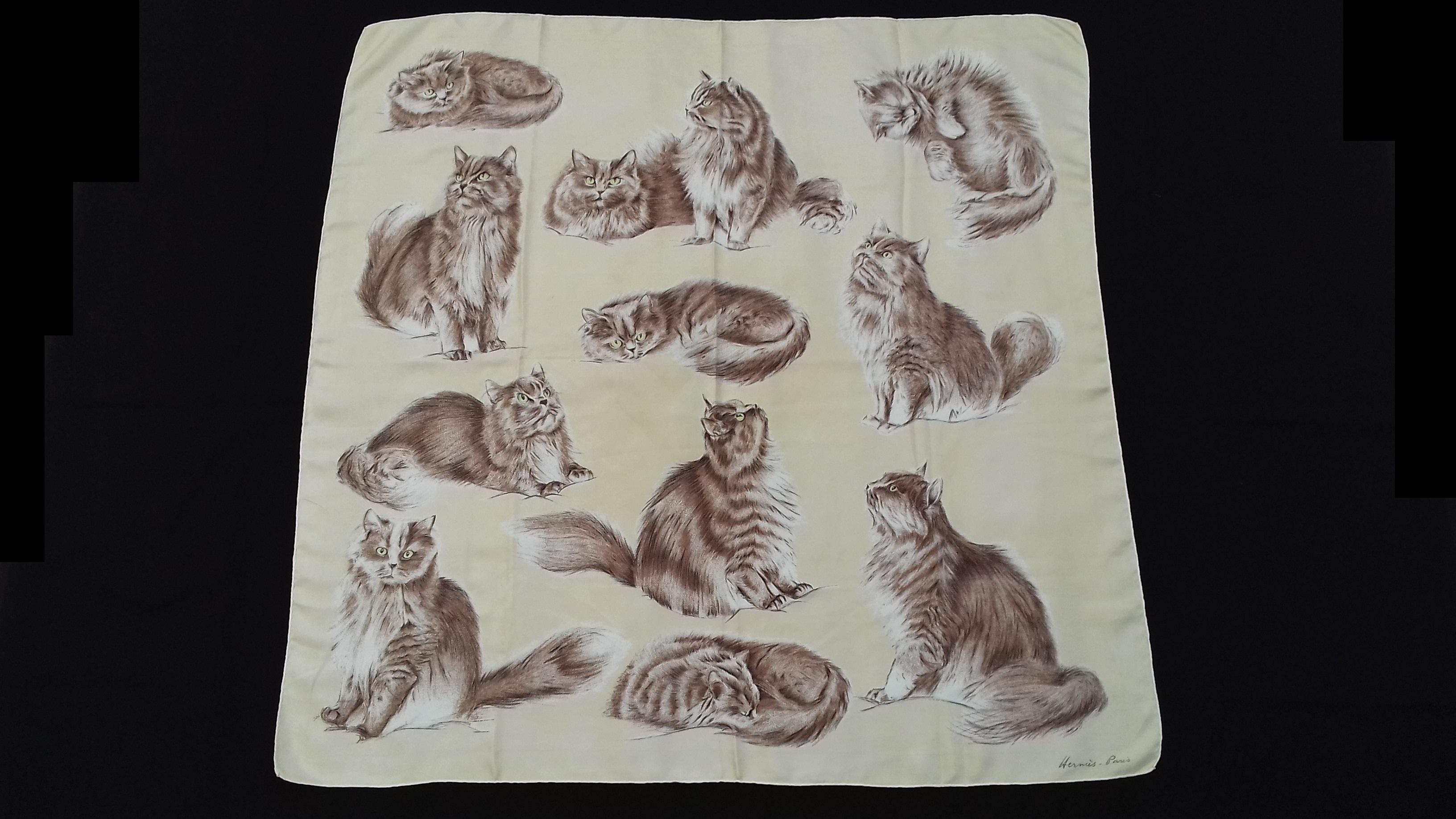 Please Notice: The background is Vanilla (issue of color rendering on photos)

Extremely Rare Authentic Hermès Vintage Scarf

Pattern: Chats Persans (Persian Cats)

Designed in 1956 by Jacques de Poret (only 1 issue)

One of the rarest Hermès
